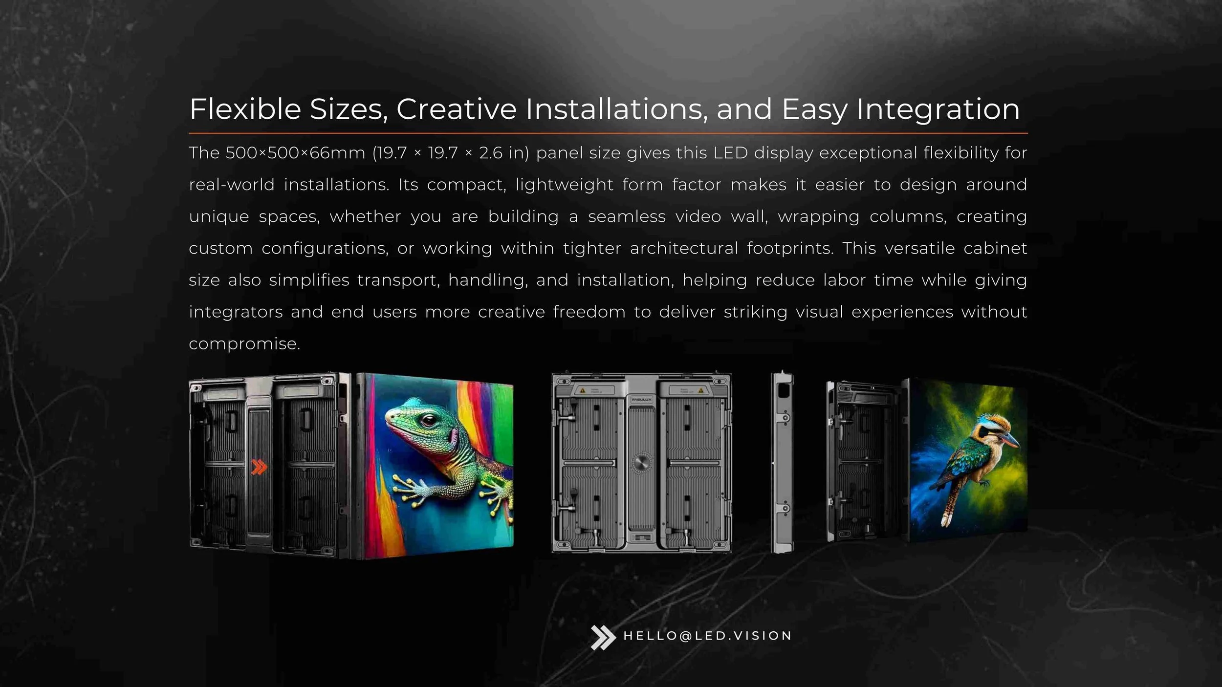 Modular outdoor LED video wall with a compact 500×500×66mm cabinet for flexible, creative installations