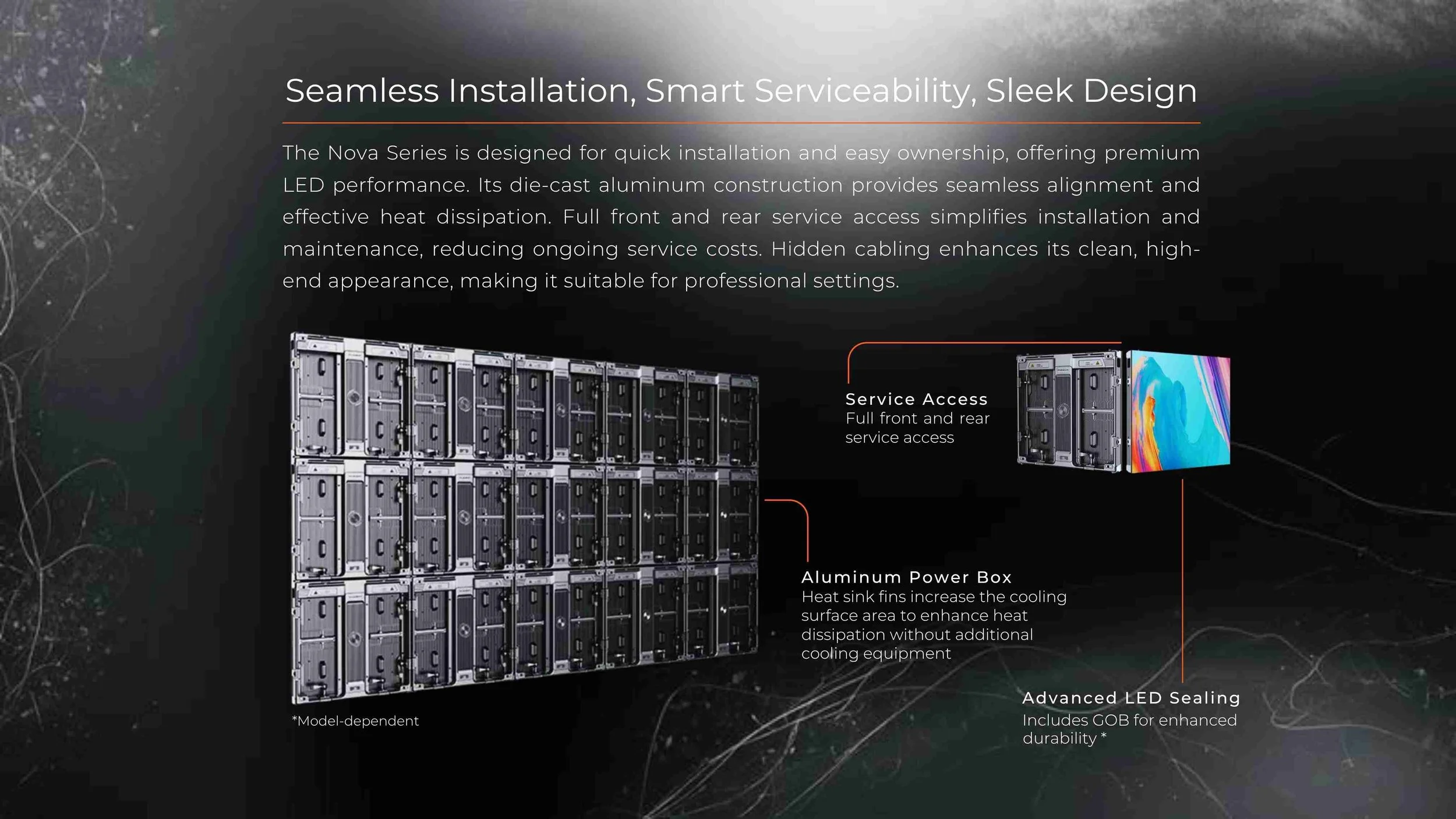 Outdoor LED video wall with die-cast aluminium construction, front and rear service access, and hidden cabling