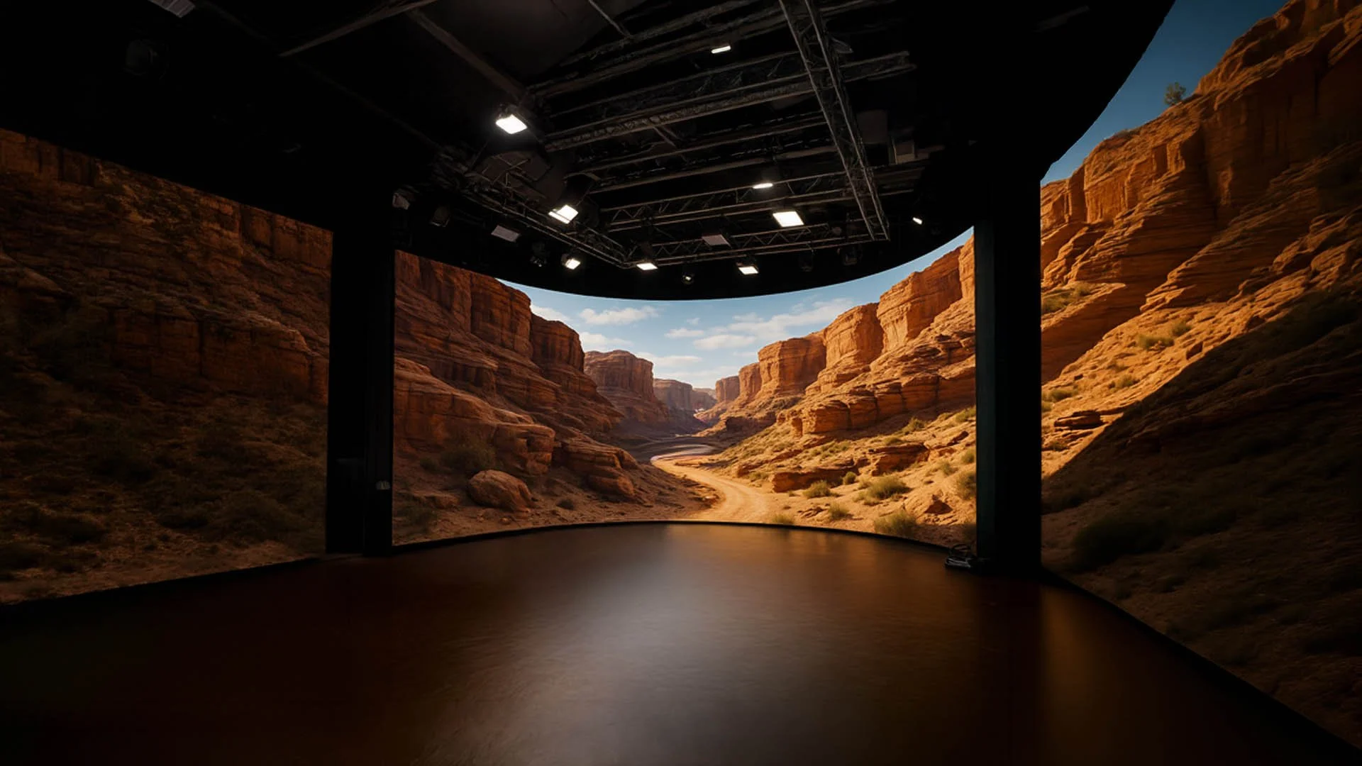Indoor exhibit with large screen depicting a desert canyon landscape with red rock formations and a dirt road, under a black ceiling with station lights.