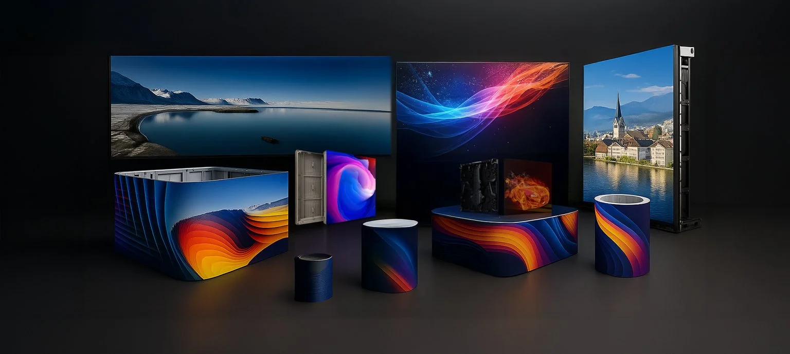 Multiple modern flat-screen LED Video Displays  and curved monitors with colorful digital graphics displayed against a dark background.