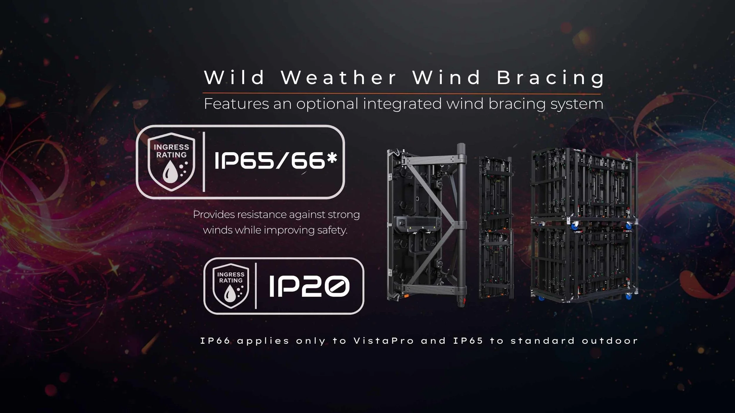 Outdoor LED video wall with an optional integrated wind bracing system and IP65 and IP66 weatherproofing for stability and safety against strong winds by LED Vision