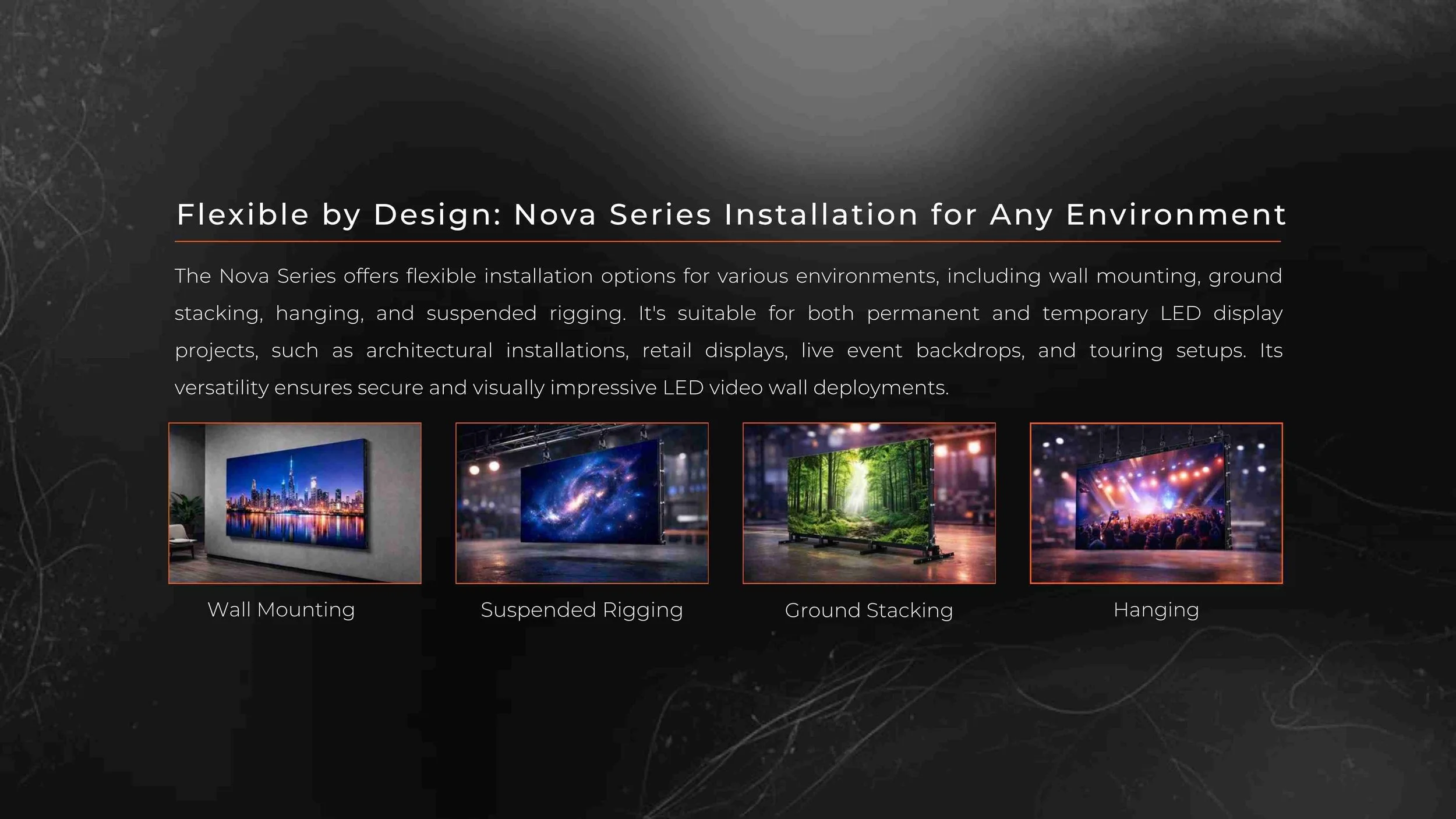 Outdoor LED video wall installation options including wall mounting, suspended rigging, ground stacking, and hanging fine-pixel-pitch-outdoor-led-display-advertising-retail-nova-series-led-vision.jpg Nova Series fine pixel pitch outdoor L