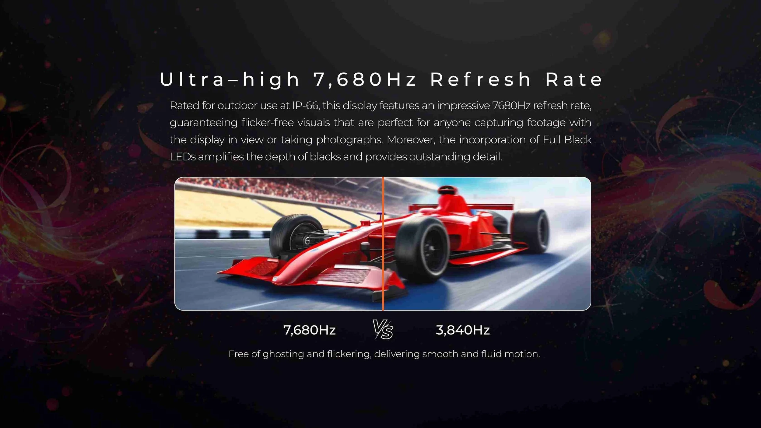 Red race car split-image comparing 7,680Hz and 3,840Hz refresh rates on an outdoor LED screen for smooth sports motion with the product Oasis Series by LED Vision