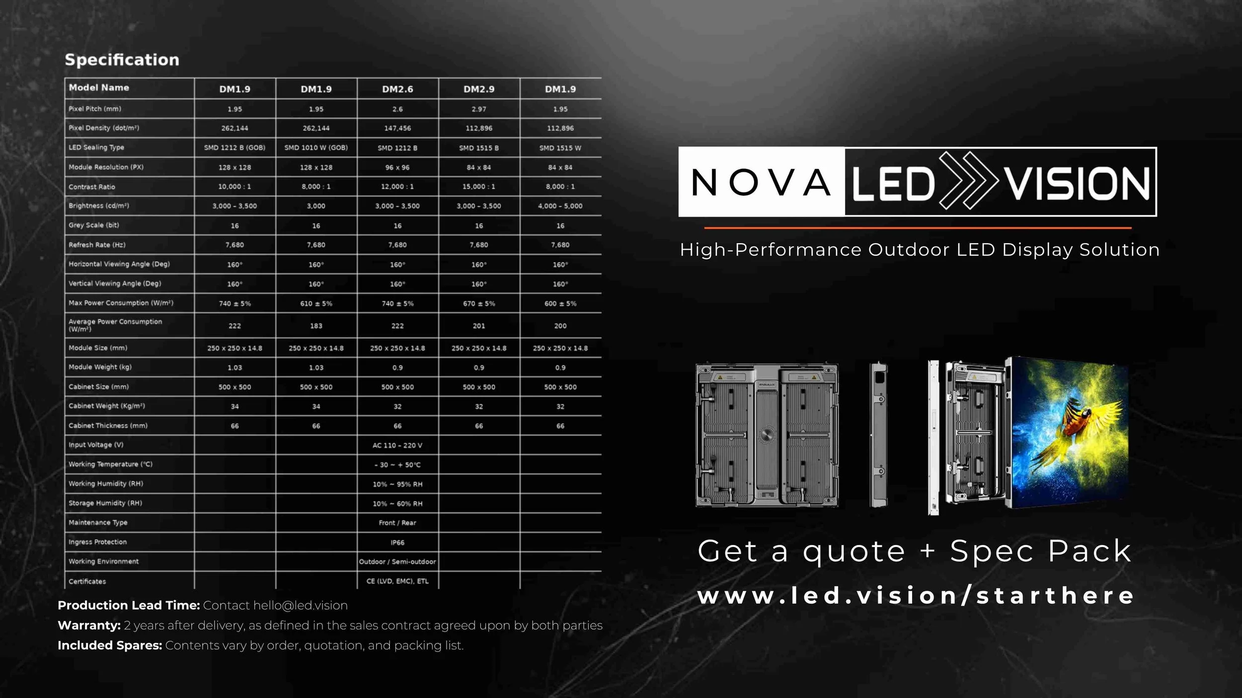 Outdoor LED video wall specifications comparing 1.9, 2.6, and 2.9mm fine pixel pitch models with IP66 rating