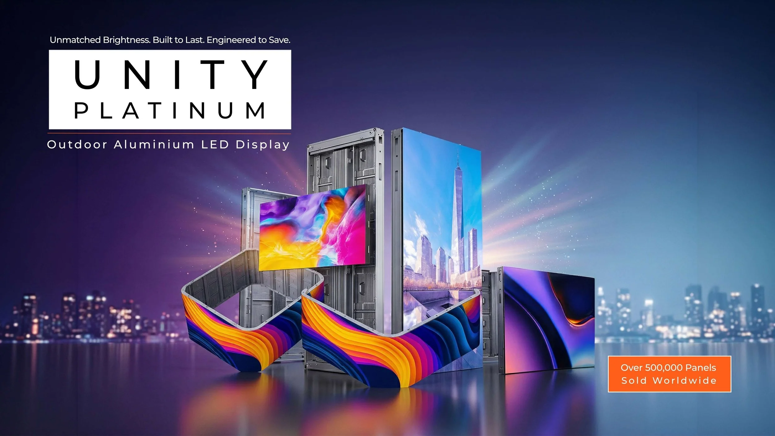Unity Platinum outdoor aluminium LED video wall display by LED Vision, shown with modular cabinets and a city skyline
