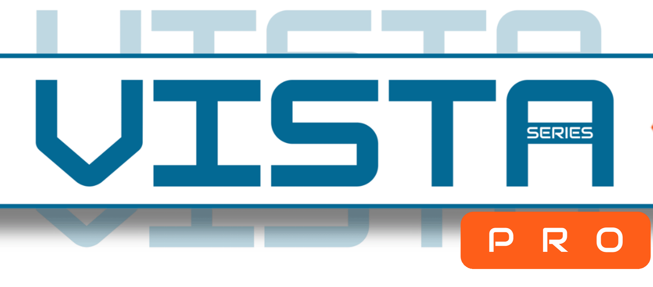 Logo for Vista Series, featuring orange arrows, with icons of mountains and a house, and text indicating outdoor and indoor options.