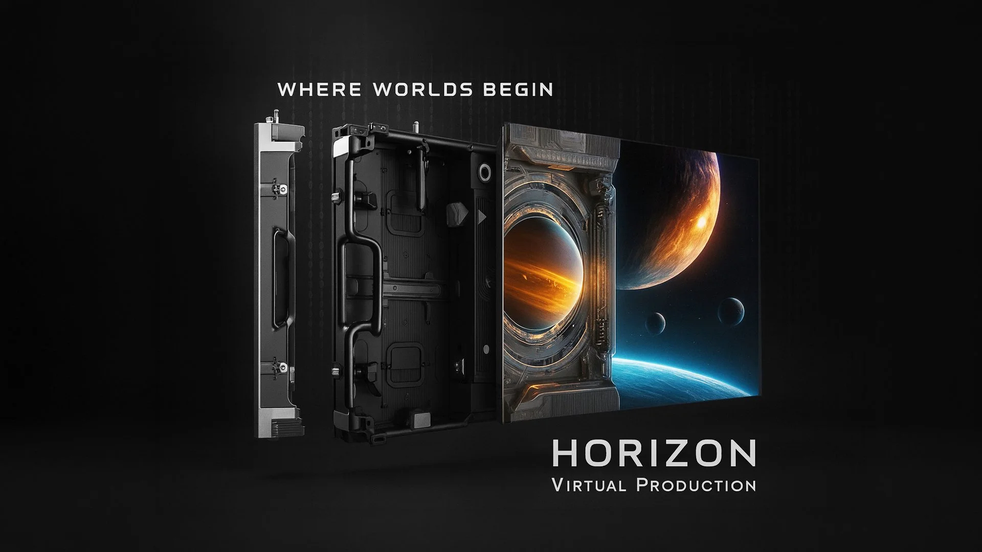 A promotional digital graphic for a product called 'Horizon Virtual Production'. It features a black background with a partially disassembled large display screen, revealing internal components, and an image of a space scene with planets and stars on the screen. The text reads 'WHERE WORLDS BEGIN' at the top and 'HORIZON VIRTUAL PRODUCTION' at the bottom.
