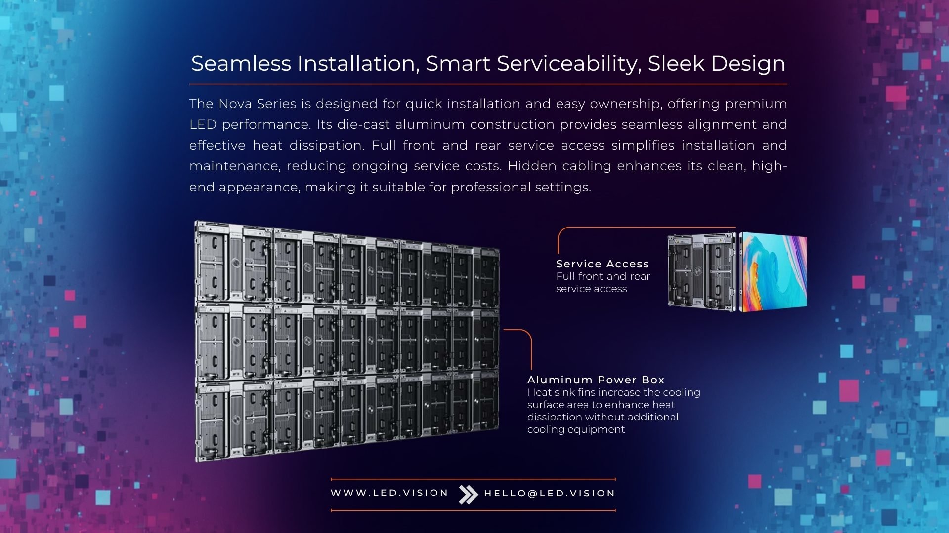 Outdoor LED video wall with die-cast aluminium construction, front and rear service access, and hidden cabling