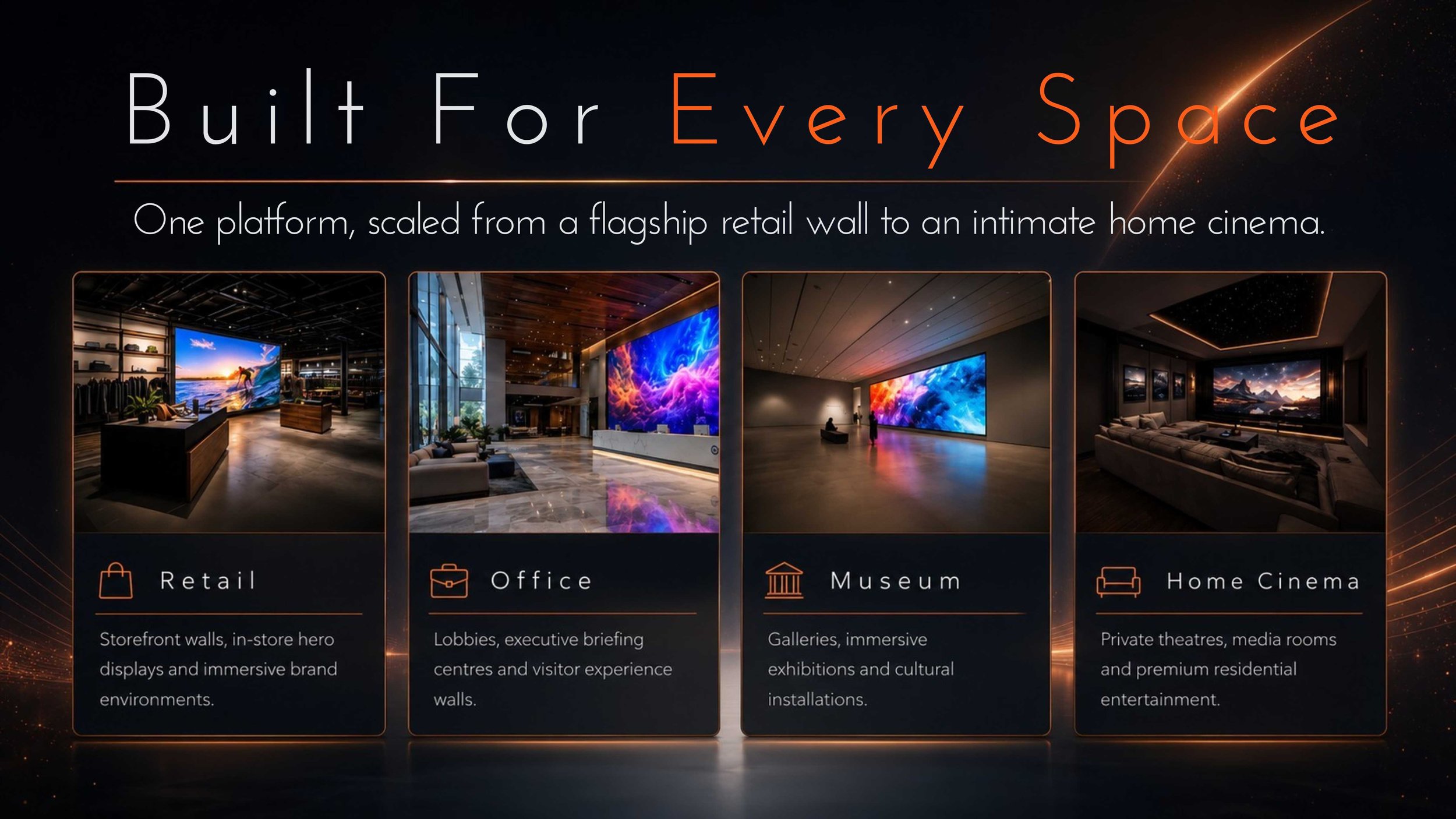 Micro-LED video wall applications across retail storefronts, corporate offices, museum galleries, and home cinema — Vision MiP Series by LED Vision