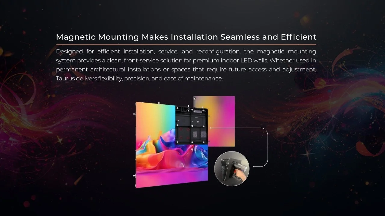 Taurus indoor LED video wall with a magnetic mounting system for fast tool-free installation and removal of panels