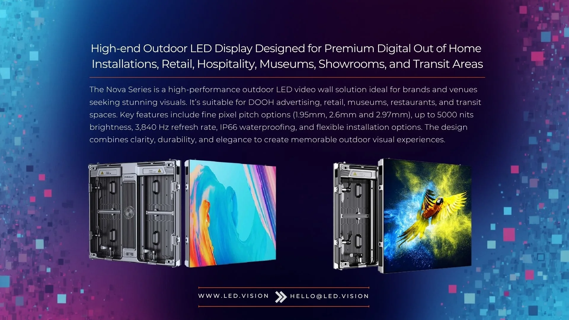 High-end outdoor LED display for DOOH advertising, retail, hospitality, museums, showrooms, and transit areas
