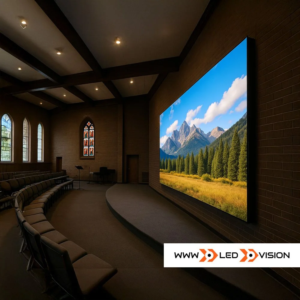 Inside view of a church with dark wood beams on the ceiling, stained glass windows, and a large LED screen displaying a landscape of mountains, trees, and a blue sky.