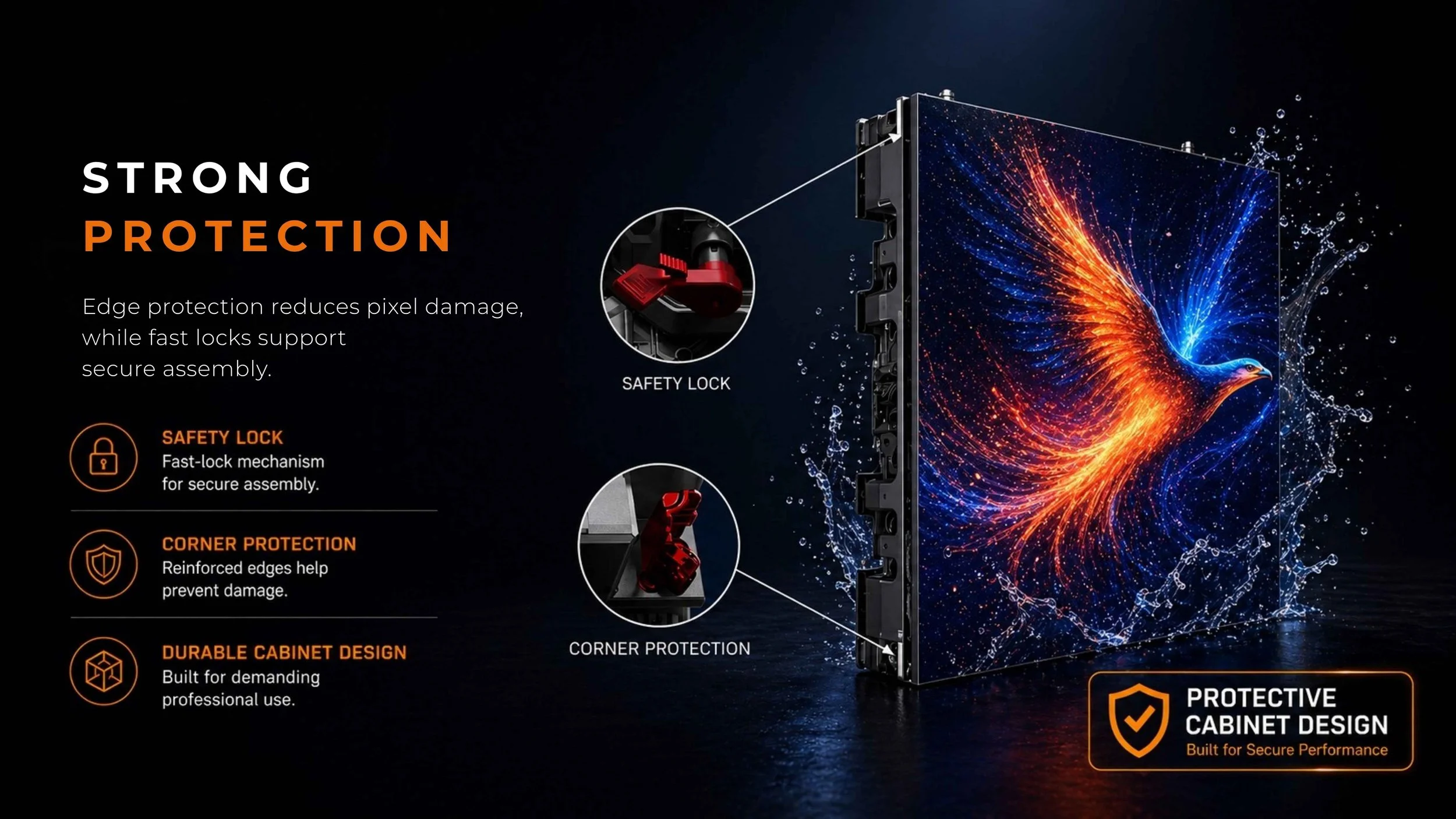 An advertisement for a display screen featuring a phoenix graphic with flames on a black background. Highlights include features like edge protection, corner protection, durable cabinet design, and a safety lock with icons and descriptions.