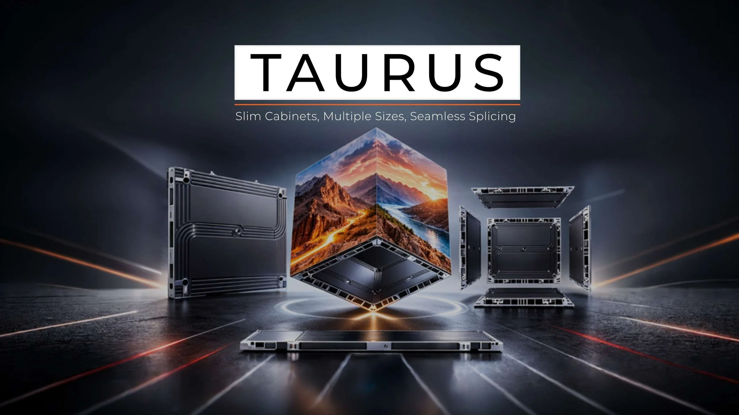 Taurus indoor LED video wall by LED Vision with slim cabinets, multiple sizes, and seamless splicing forming a cube display