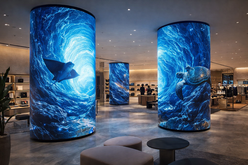 Cylindrical ARC Series LED displays in a shopping mall showing an underwater scene with fish and a turtle