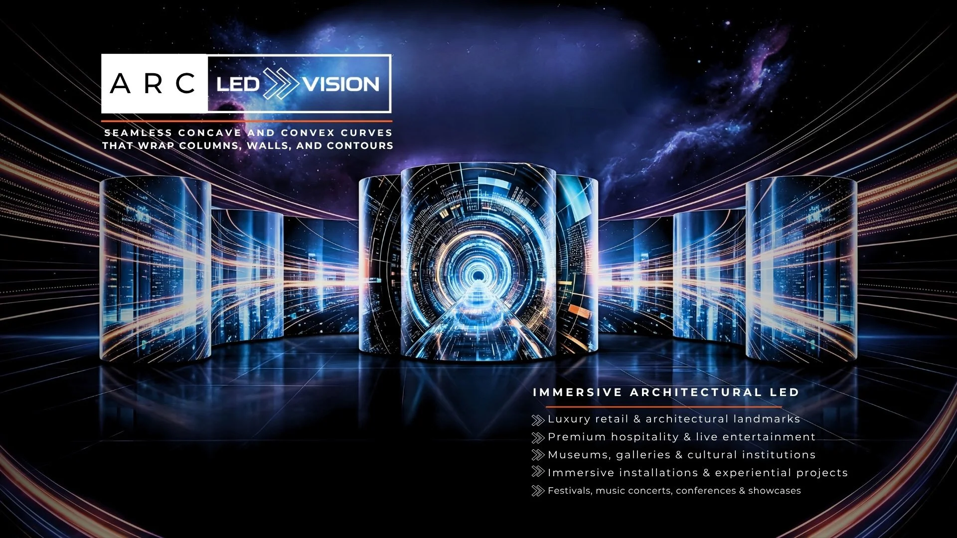 Arc Series immersive architectural LED video wall by LED Vision with seamless concave and convex curves wrapping columns and walls.