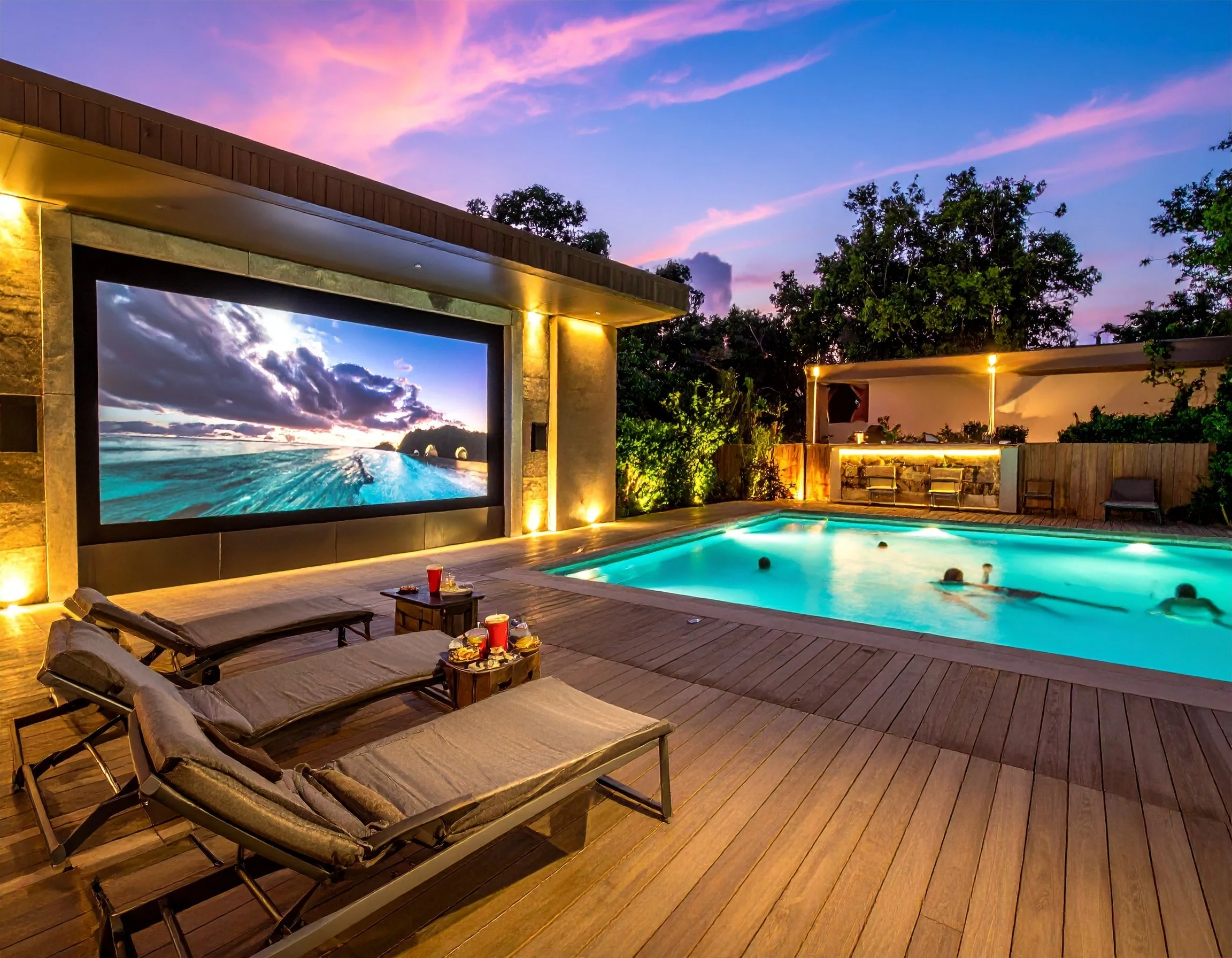 An outdoor backyard with a swimming pool, lounge chairs, and an outdoor LED movie screen at dusk. The screen shows a scenic ocean view with clouds, and there are people swimming in the pool. The sky is pink and purple with trees.