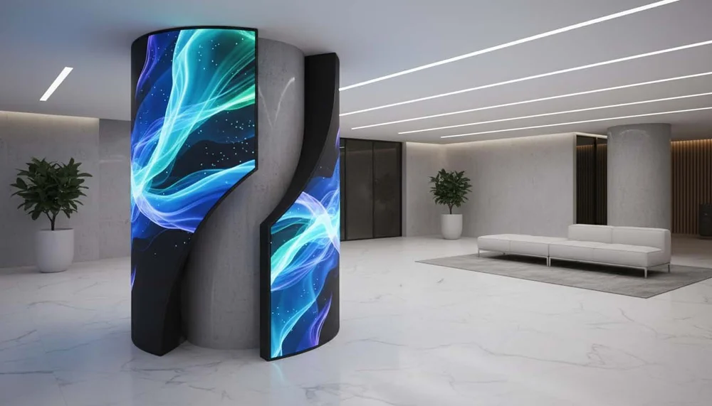 ARC Series curved LED display wrapping a concrete pillar in a modern marble lobby with seating and planting