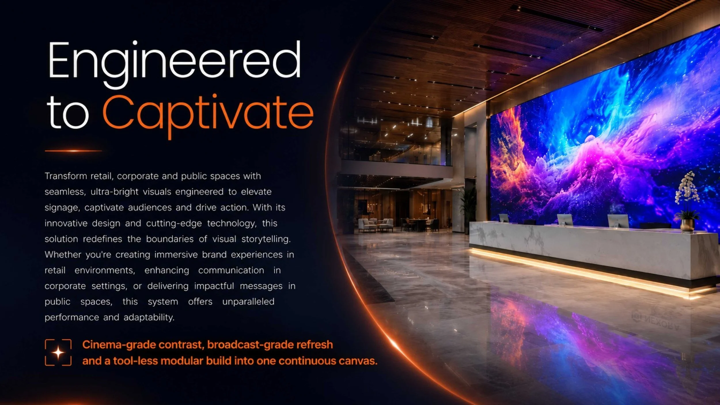 Large indoor Micro-LED video wall in a corporate lobby reception delivering seamless ultra-bright visuals for retail and public spaces — Vision MiP Series by LED Vision