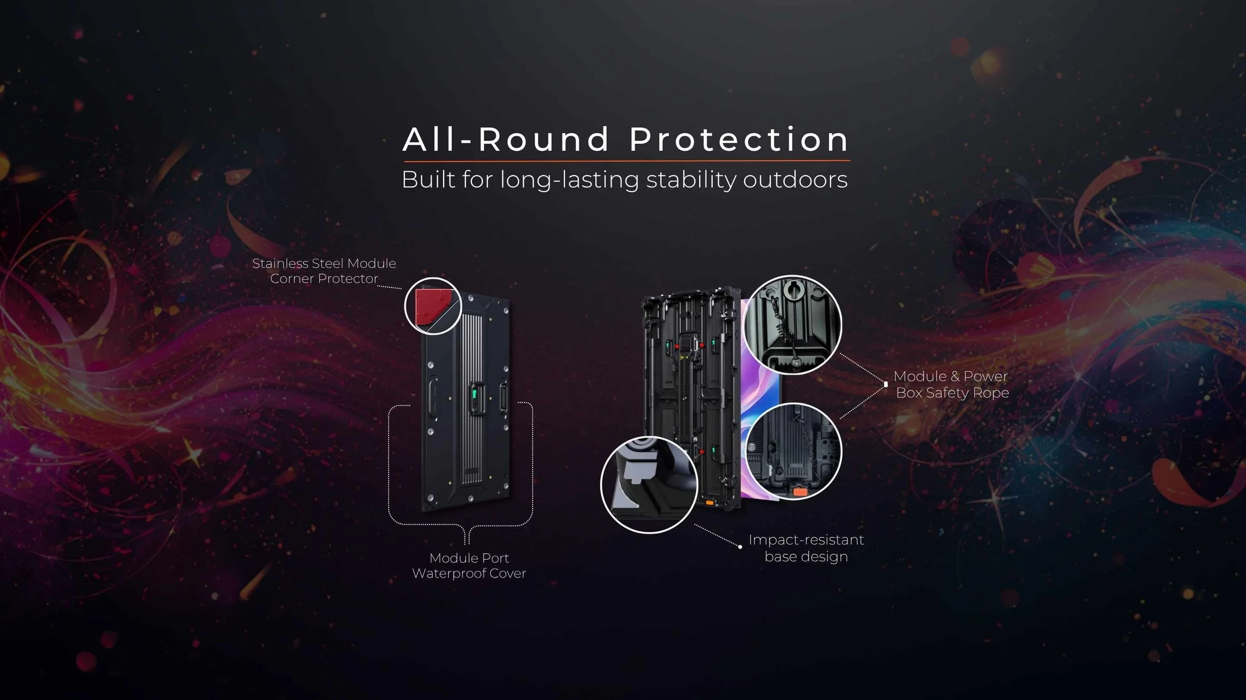Rugged outdoor LED video wall protection with stainless steel module corner protectors, waterproof port covers, power box safety ropes, and an impact-resistant base by LED Vision
