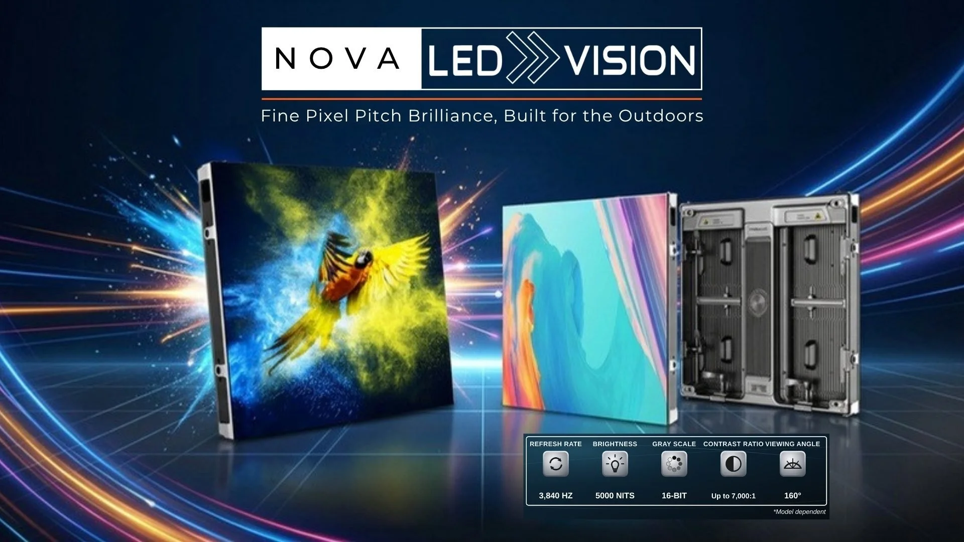 Fine pixel pitch outdoor LED video wall by LED Vision with 7,680Hz refresh, 5000 nits brightness, and 16-bit grey scale product Nova by LED Vision