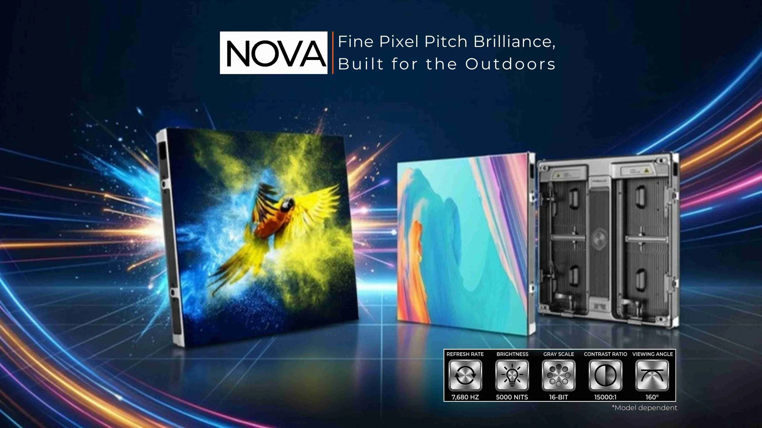 Fine pixel pitch outdoor LED video wall by LED Vision with 7,680Hz refresh, 5000 nits brightness, and 16-bit grey scale product Nova by LED Vision