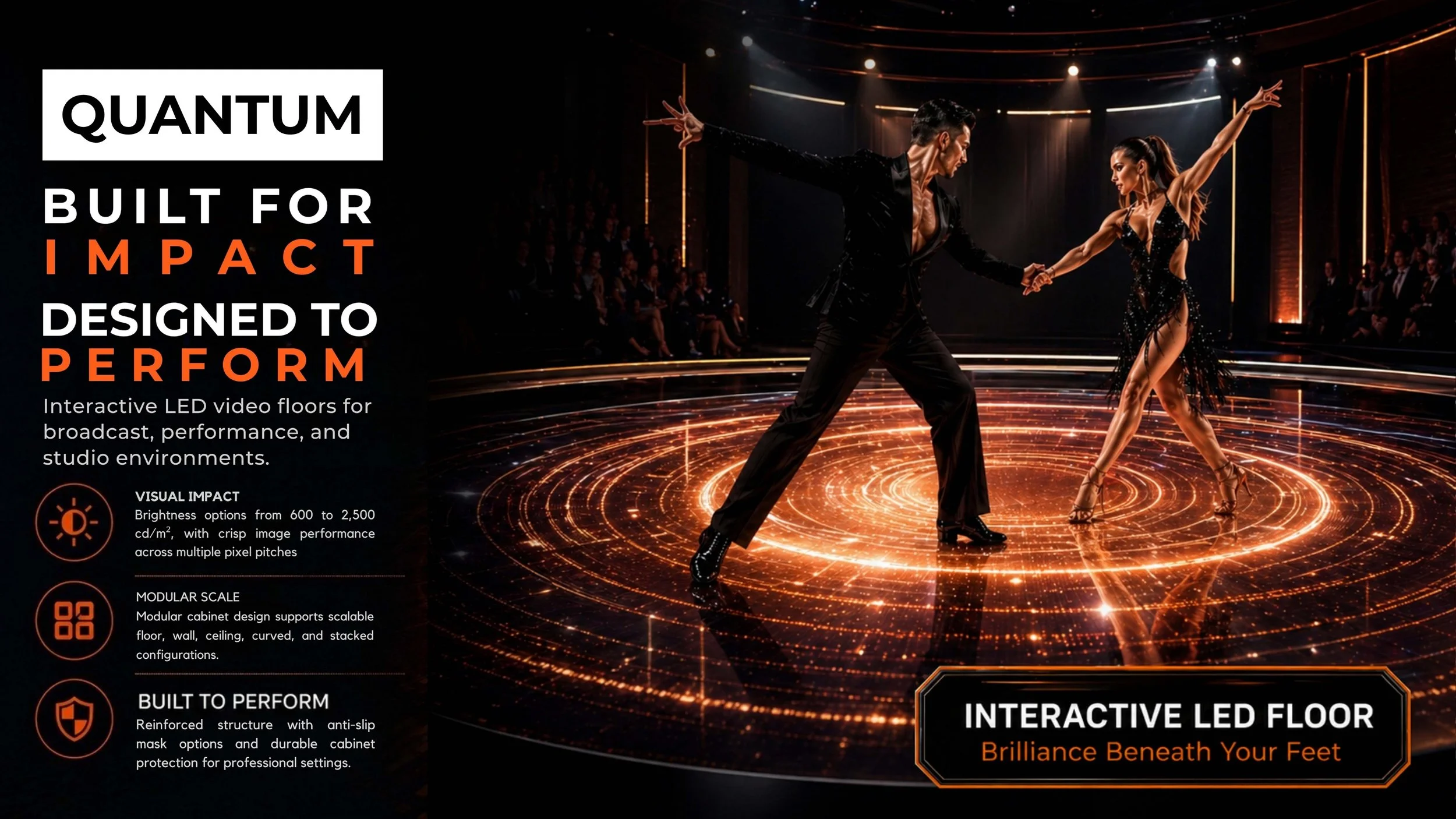 A dance couple performing on an interactive LED floor with orange and gold light effects, in a dark studio with an audience in the background.