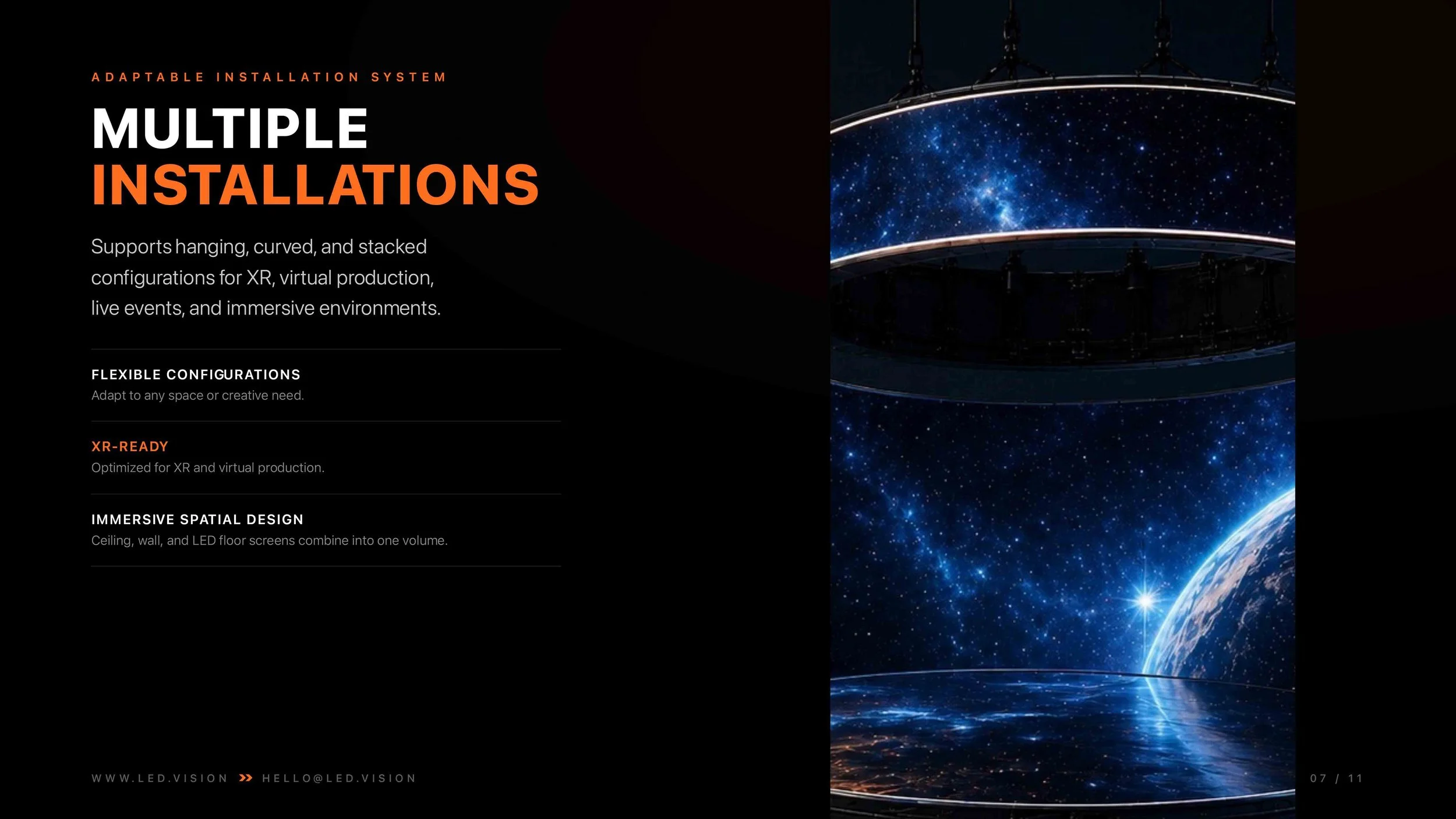 A digital display showcasing a circular ceiling screen with a space-themed image of stars and Earth, supported by black mounting hardware, with labels indicating components like ceiling screen, wall screen, LED floor screen, and features like flexible configurations, XR readiness, immersive spatial design, and adaptable installation system.