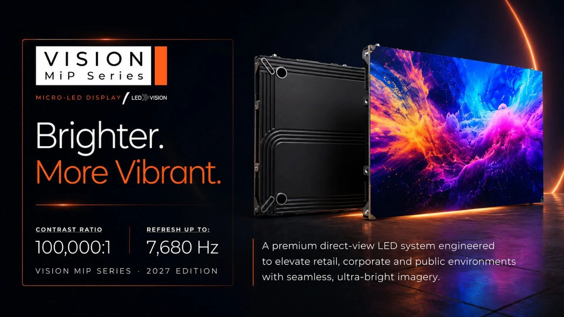 Vision MiP Series key visual: a Micro-LED cabinet shown front and rear, the display face rendering a vivid orange and blue ink plume. Titled Brighter. More Vibrant., with a 100,000:1 contrast ratio and refresh up to 7,680Hz.