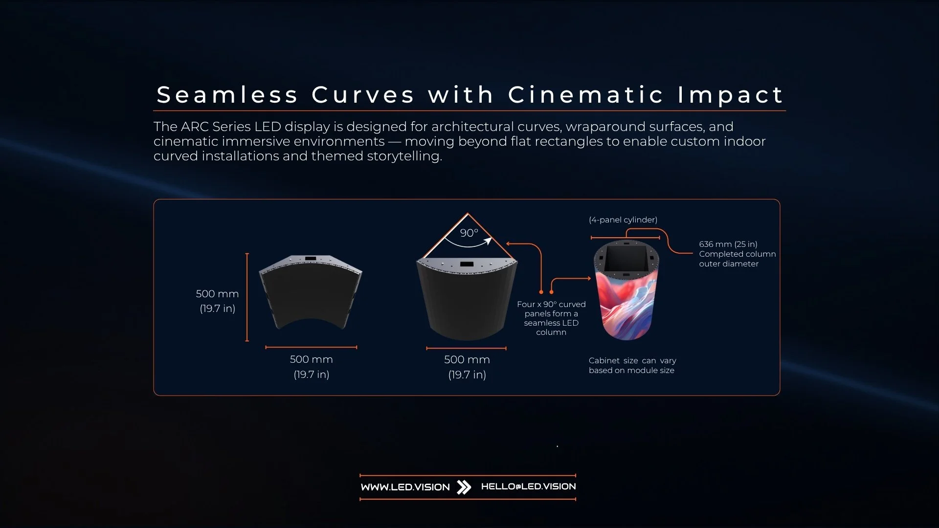 Arc Series concave and convex curved LED panels forming a seamless 90 degree LED column for cinematic indoor installations.