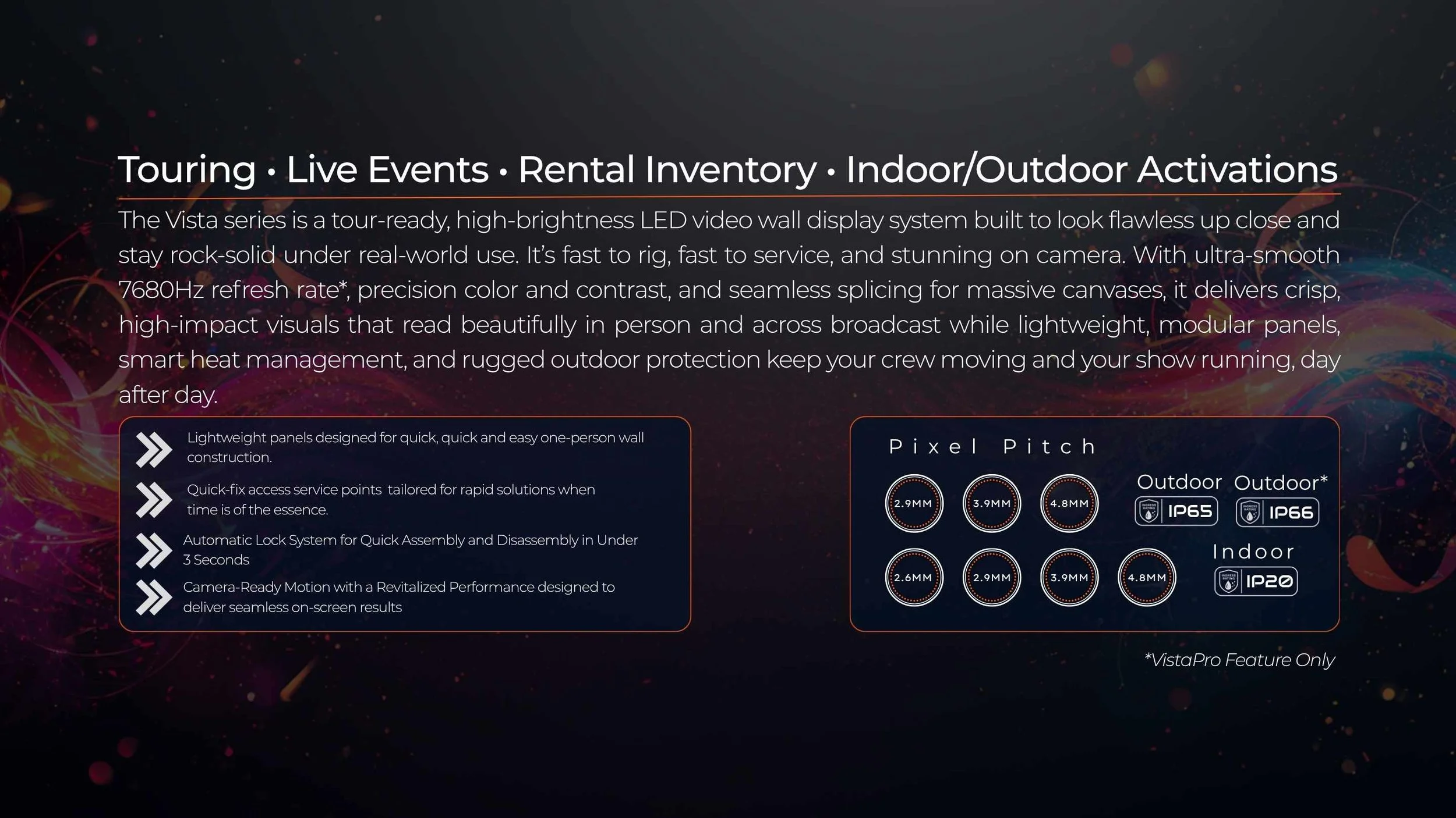 indoor and outdoor LED video wall feature overview for touring and live events with 7680Hz refresh, 2.6 to 4.8mm pixel pitch, and IP20, IP65, and IP66 ratings by LED Vision