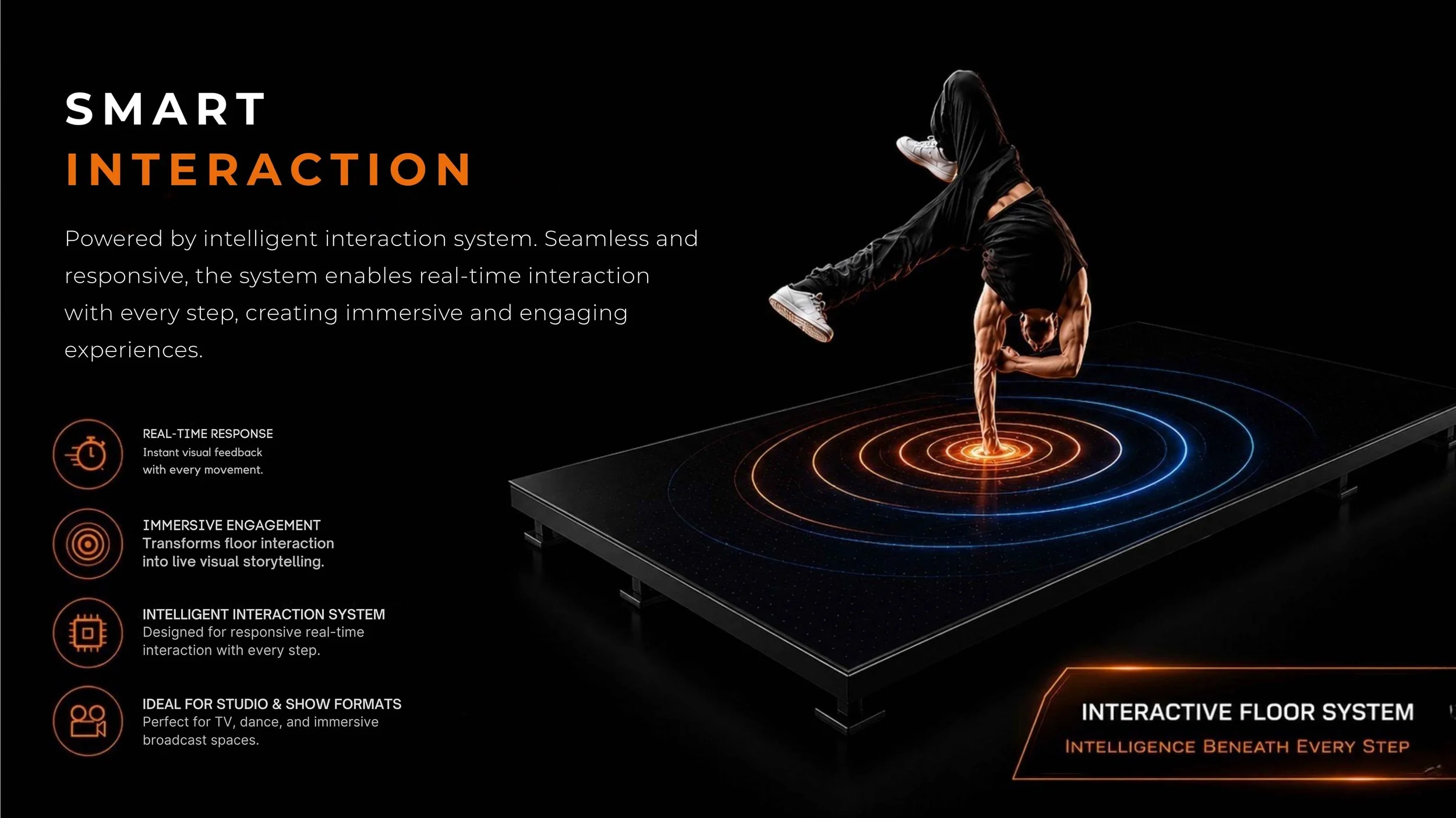 A person performing a handstand dance move on an interactive floor system with glowing concentric circles, promoting smart interaction technology.