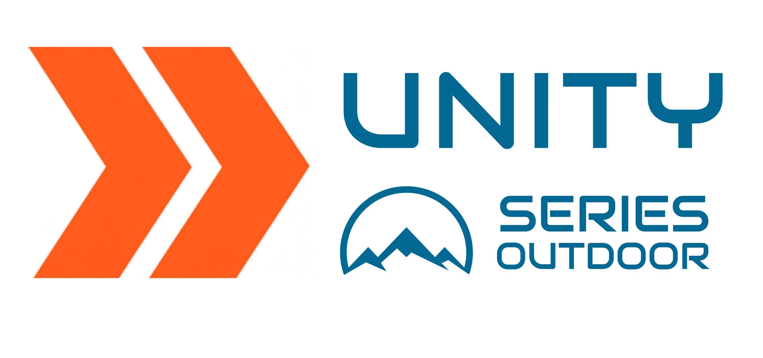 Logo for UNTY Series Outdoor featuring orange arrows, blue mountain graphic, and blue text.