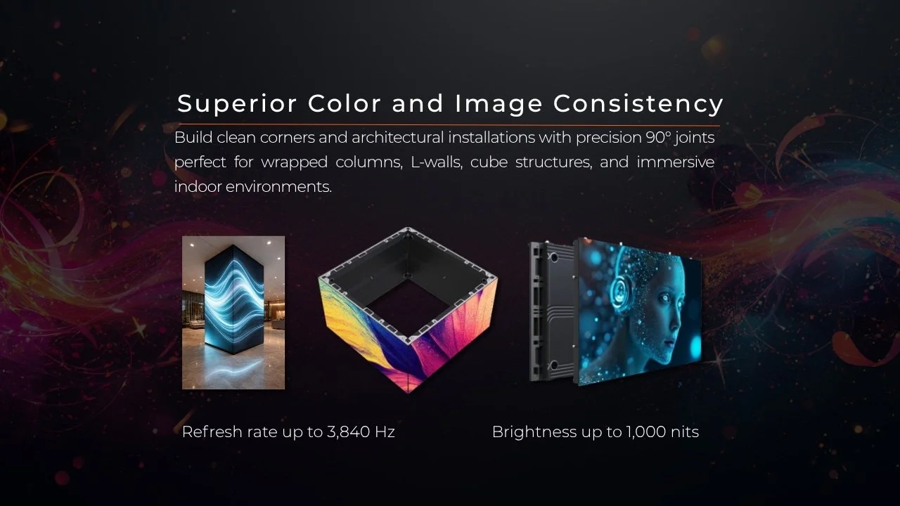 Taurus indoor LED video wall building clean corners and wrapped columns with precision 90° joints, up to 3,840Hz refresh and 1,000 nits