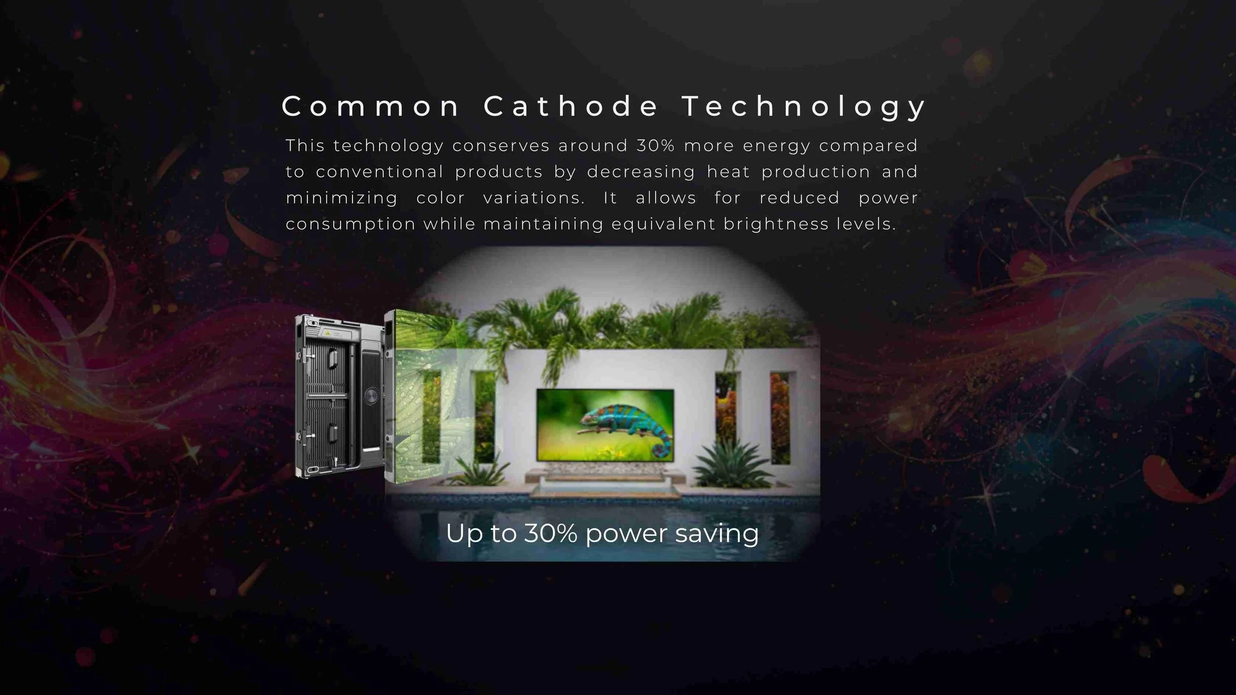 Energy-efficient outdoor LED display with common cathode technology delivering up to 30% power saving at a poolside install with the product Oasis Series by LED Vision