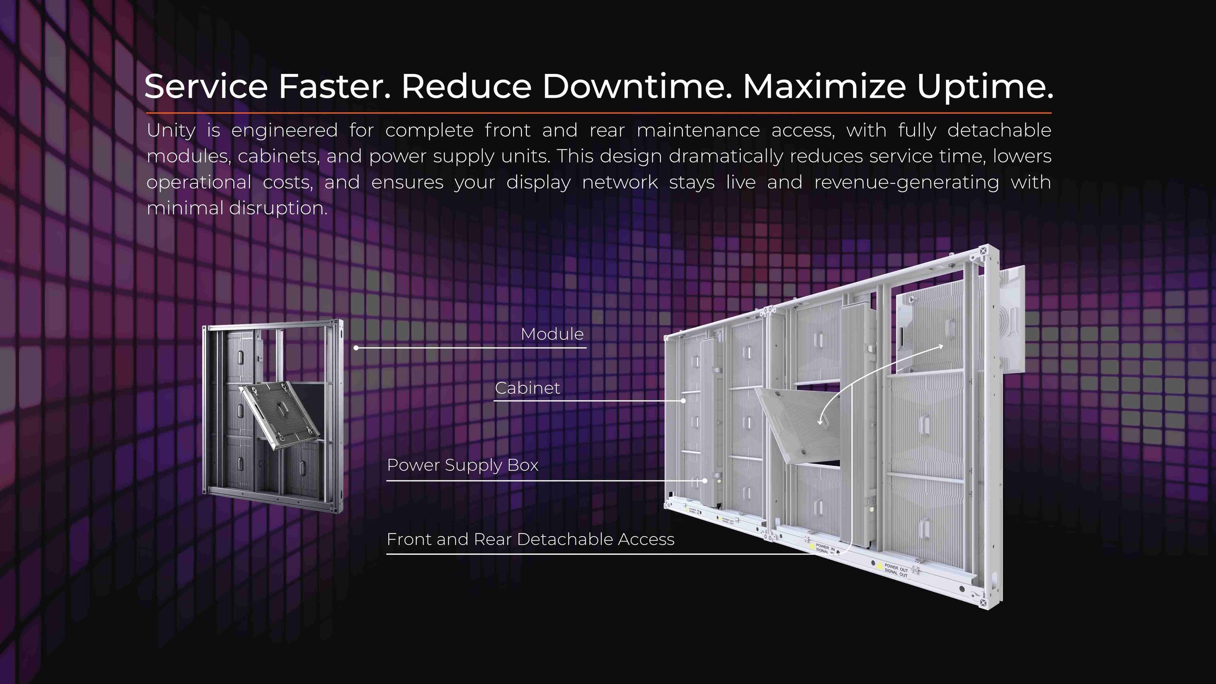 Unity Platinum outdoor LED video wall with front and rear detachable modules, cabinets, and power supply for fast serviceability