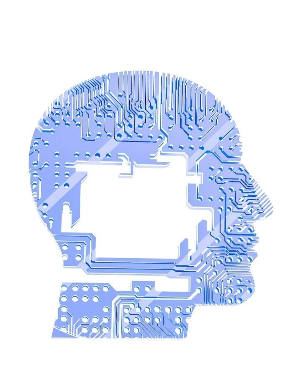 Stylized human head outline made of blue circuit board pattern with a blank square in the center.