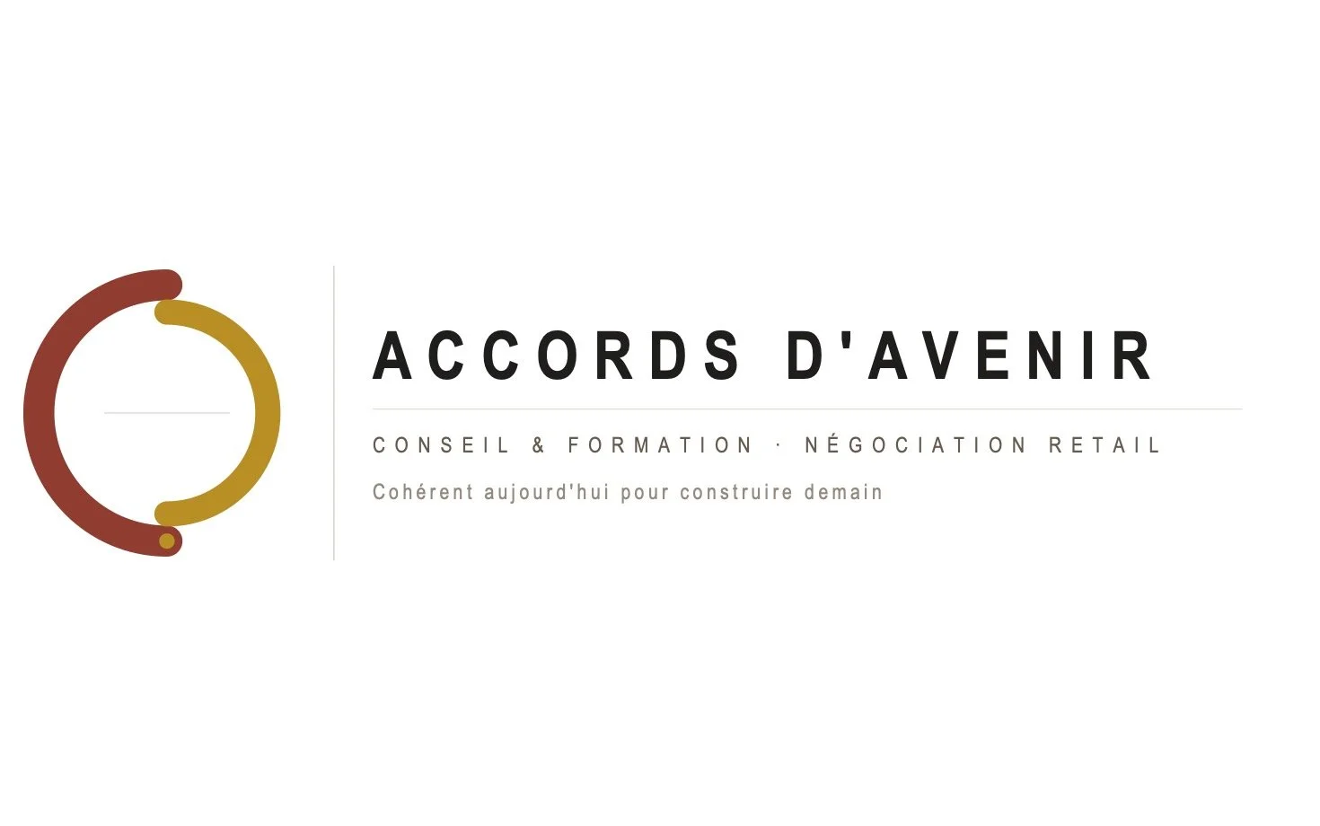 Logo avec un cercle en dégradé de rouge et jaune, texte "Accords d'Avenir" avec sous-titre "Conseil & Formation · Négociation Retail" et le slogan "Cohérent aujourd’hui pour construire demain".