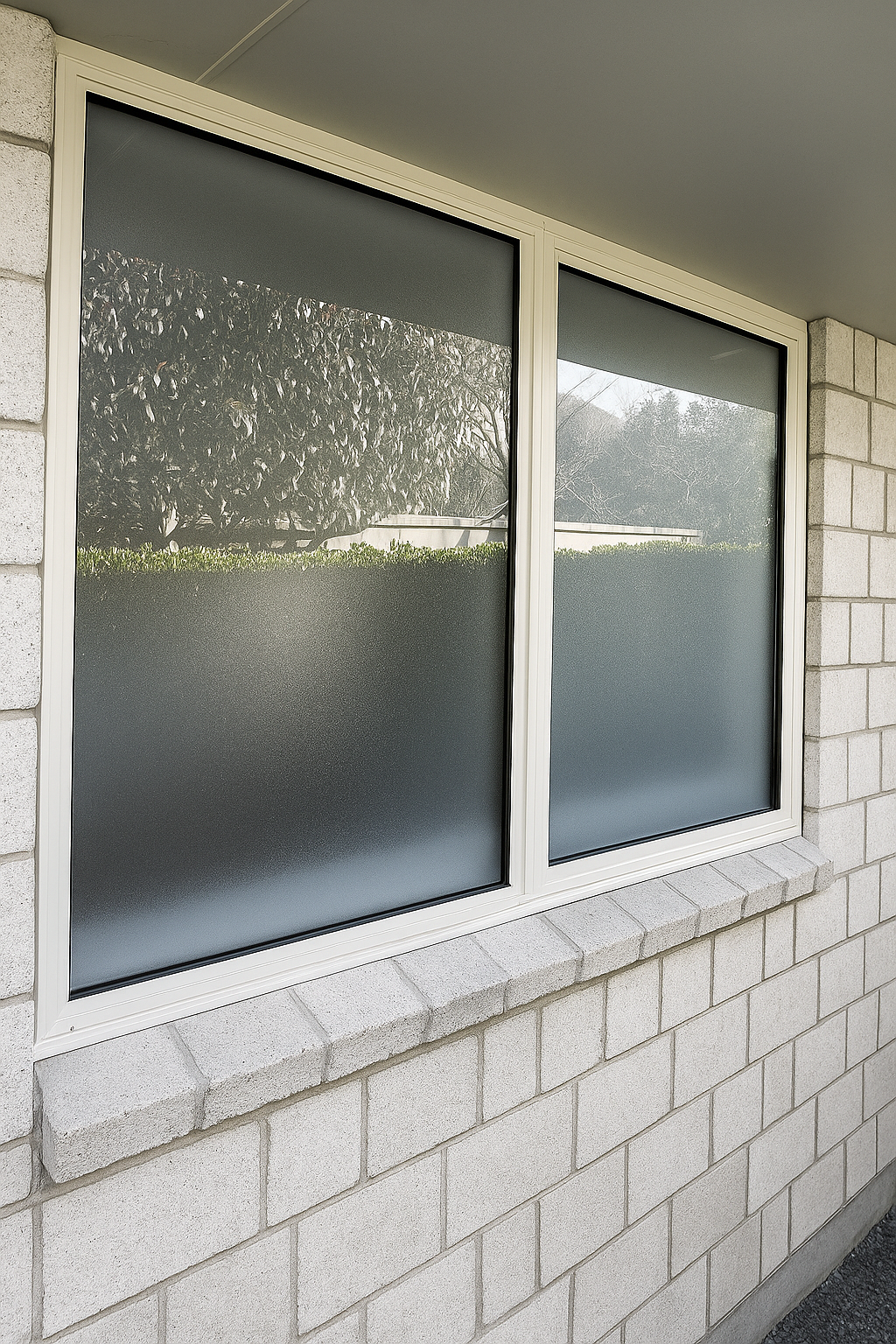 A close-up of a white-framed window with frosted glass on a brick wall exterior, showing reflections of trees and sky.