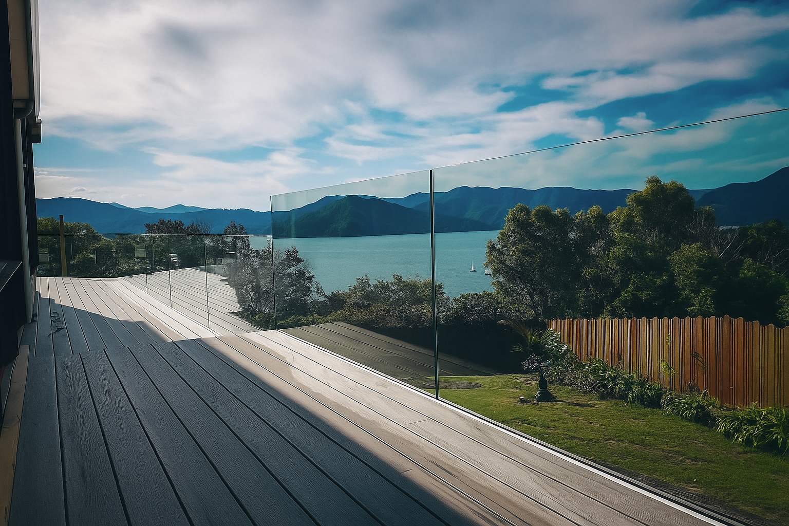 View of a lake and mountains through a glass balcony railing, with a wooden deck in the foreground and greenery below.