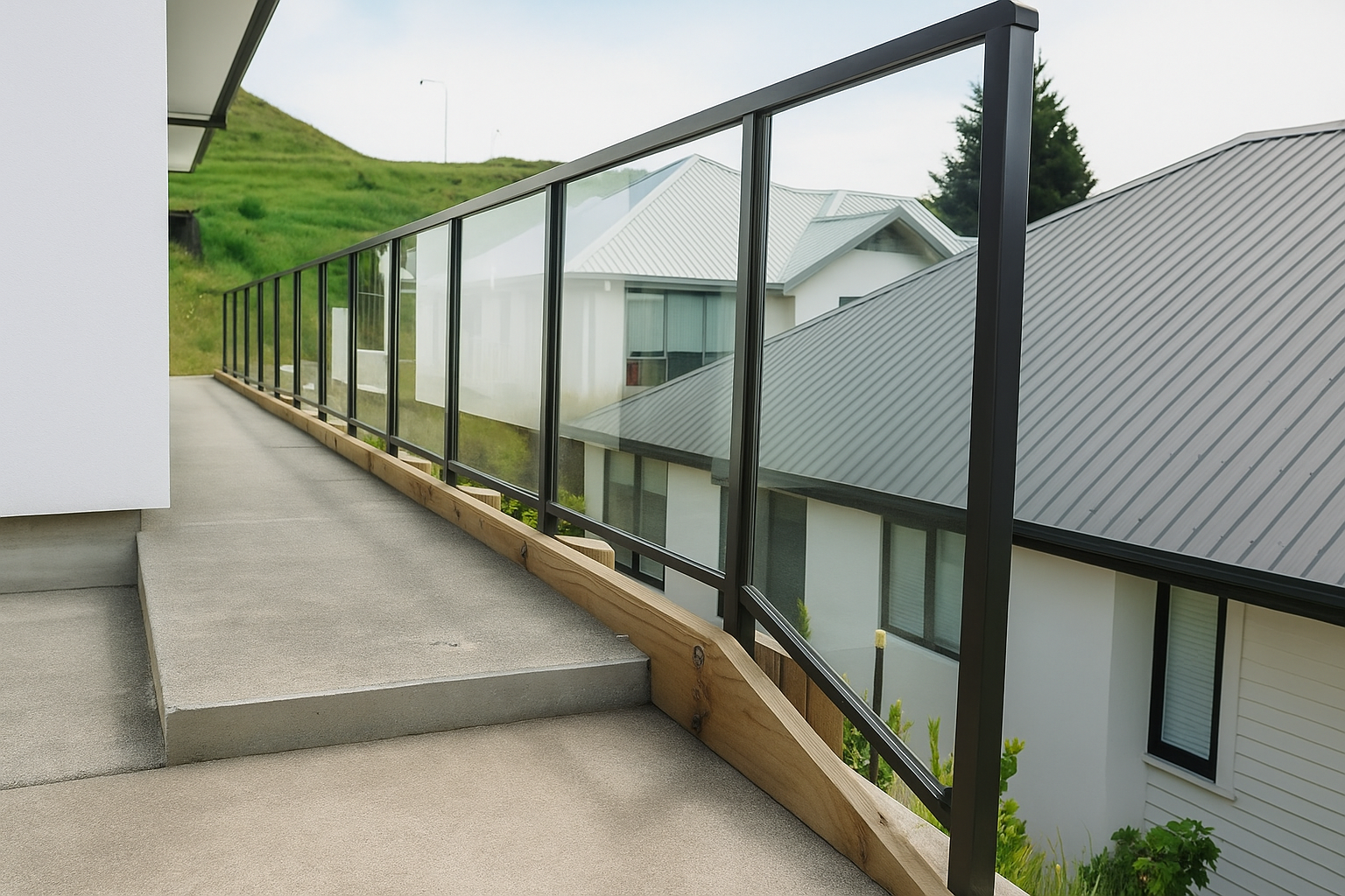 View of a modern balcony with a black metal railing and glass panels, overlooking neighboring houses with gray metal roofs, green lawn, and hillside in the background.