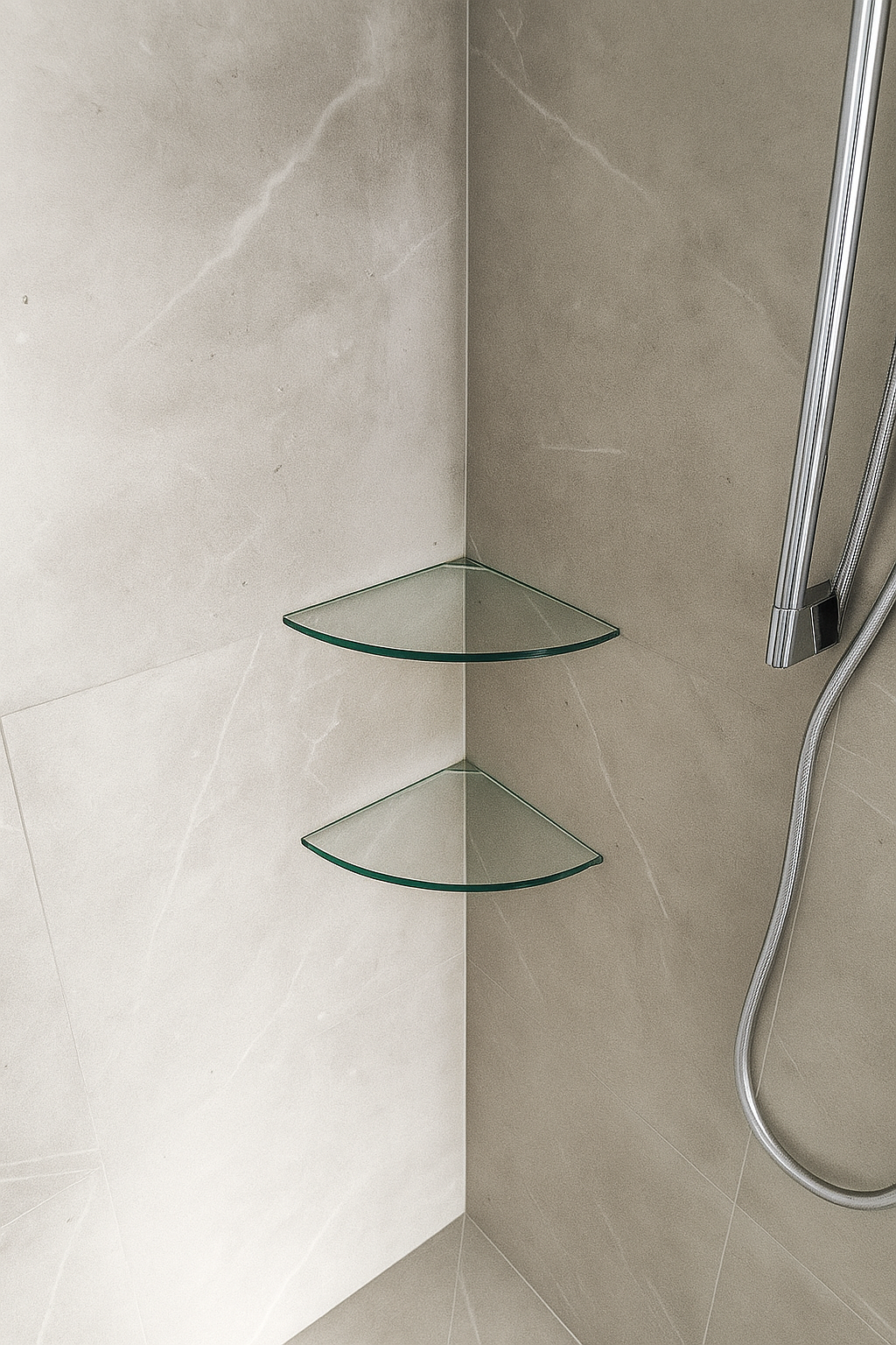 Corner of a shower with two glass corner shelves, beige tiled walls, and a silver shower hose.