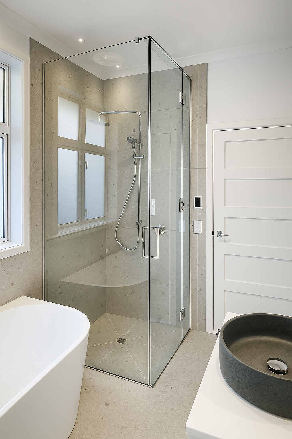 Modern bathroom with glass enclosed shower, white bathtub, black vessel sink on a white counter, and a white door.