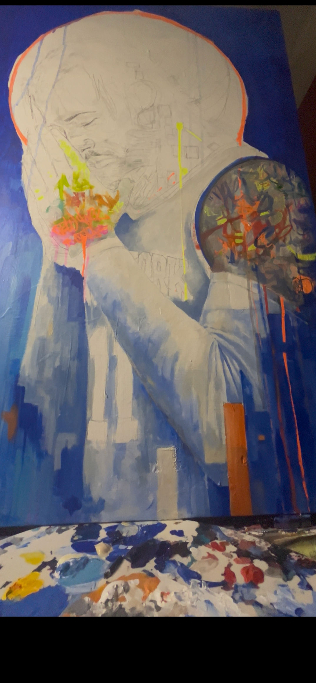 Abstract portrait of jalen brunson  with long hair, painted with bold brushstrokes in shades of blue, gray, and orange, with colorful splashes and highlights, featuring a large circular element on the right side resembling a reflective surface.