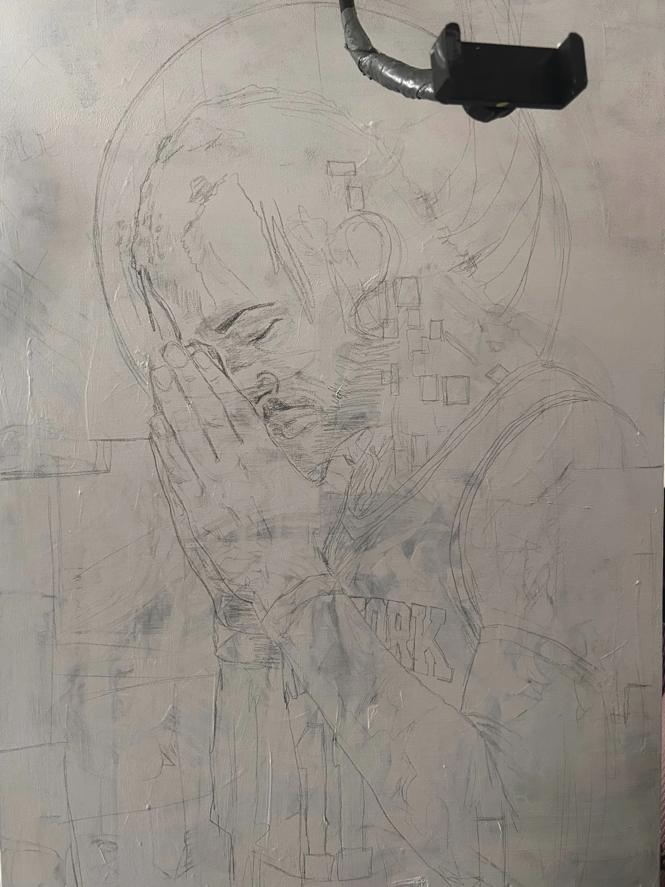 Pencil sketch of a person with long hair, holding their chin with one hand, wearing a shirt with