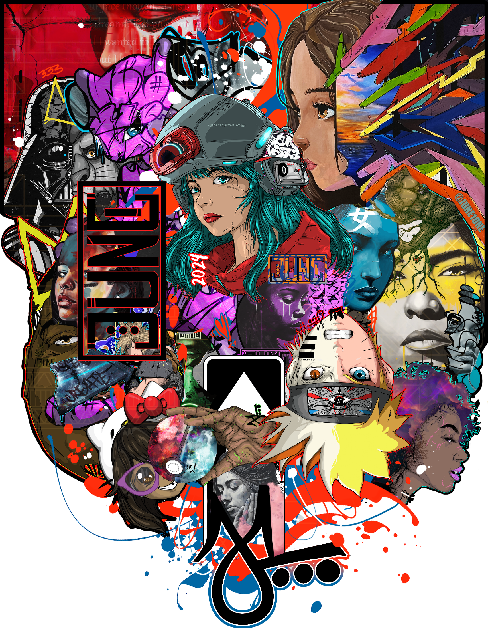 Collage of June1one artworks combining women’s portraits, graffiti, street art, and vivid color.