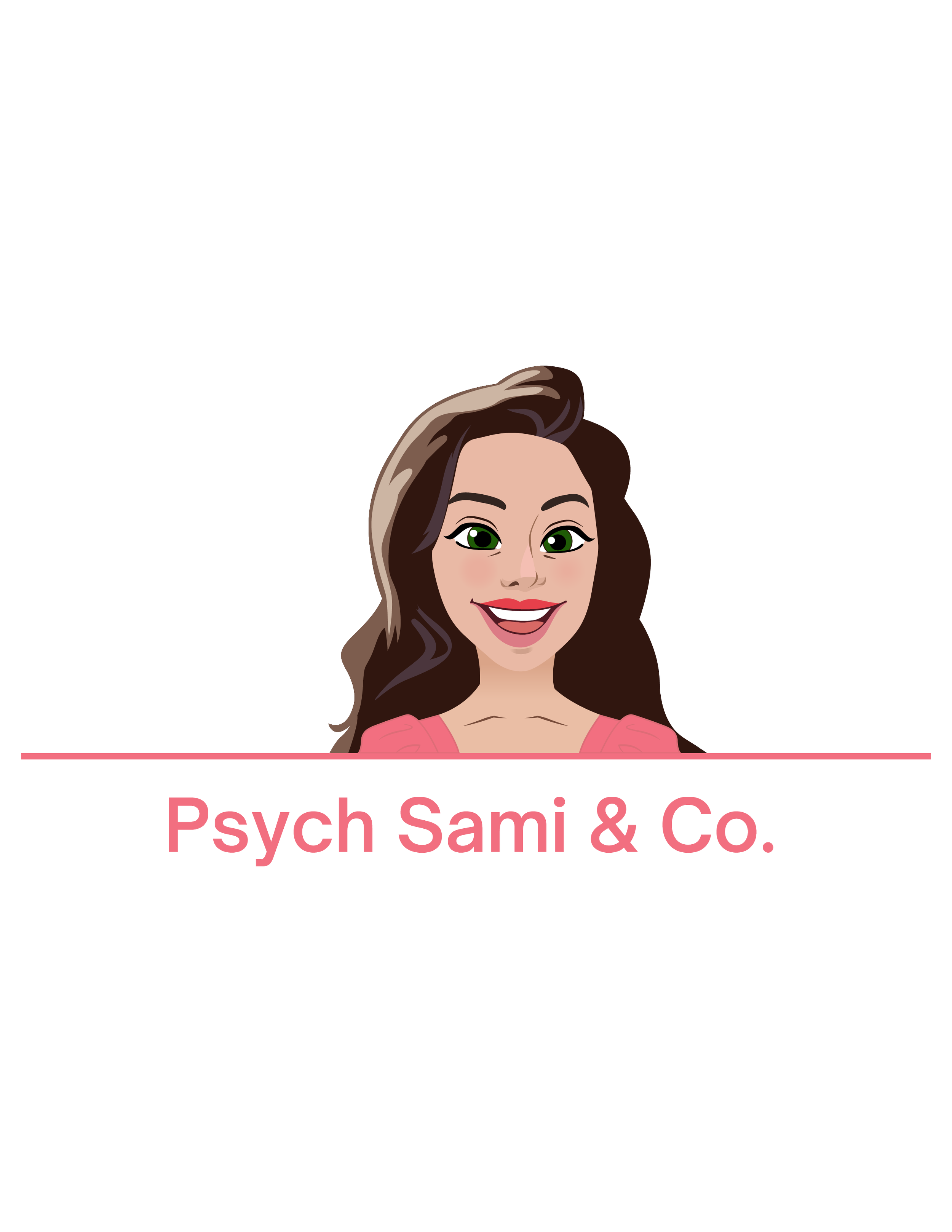 Cartoon illustration of a smiling psychologist with brown hair and green eyes, wearing a pink top, with the text 'Psych Sami & Co.' below her.