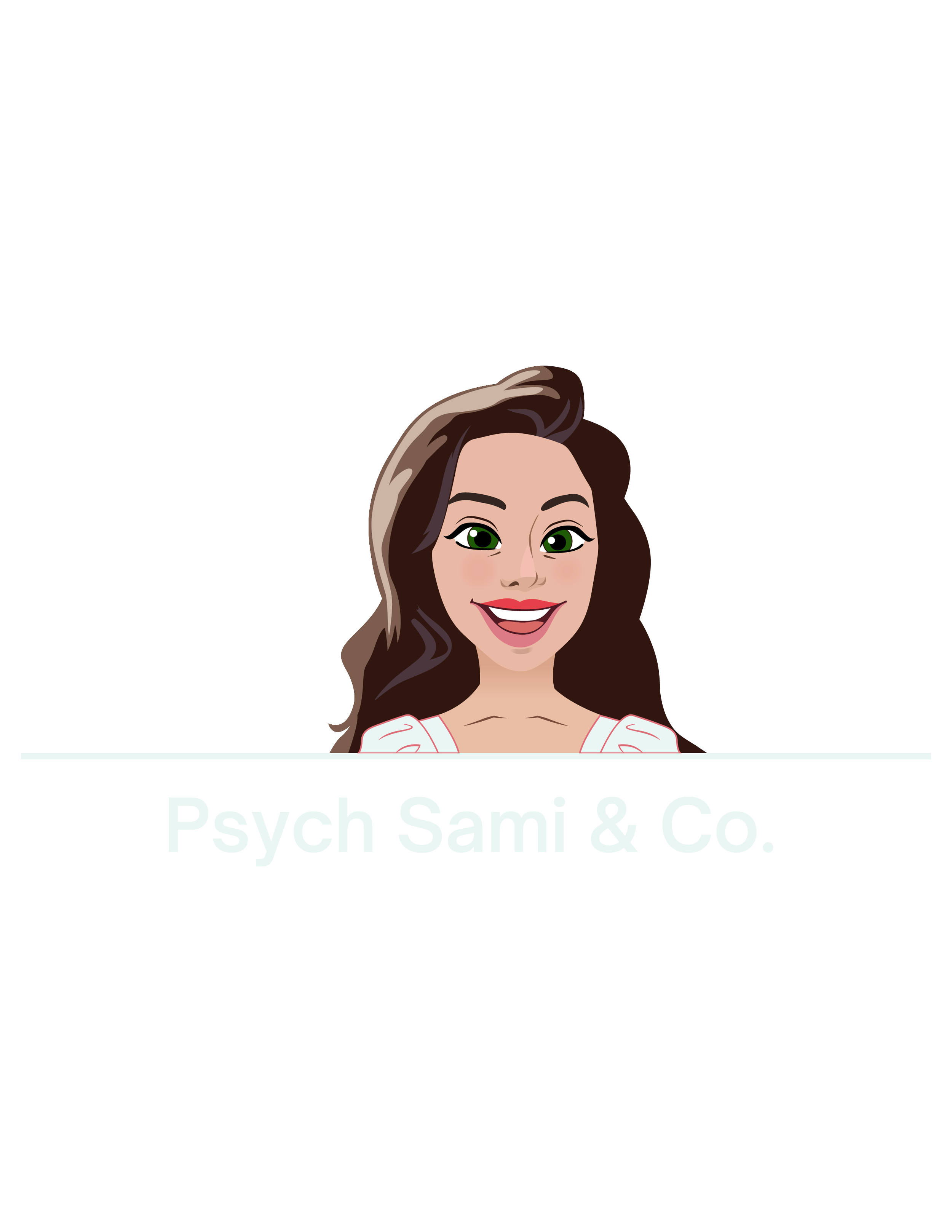 Logo for Psych Sam I & Co. featuring a cartoon woman with long brown hair, green eyes, and a white top, smiling behind a white sign with the company's name.