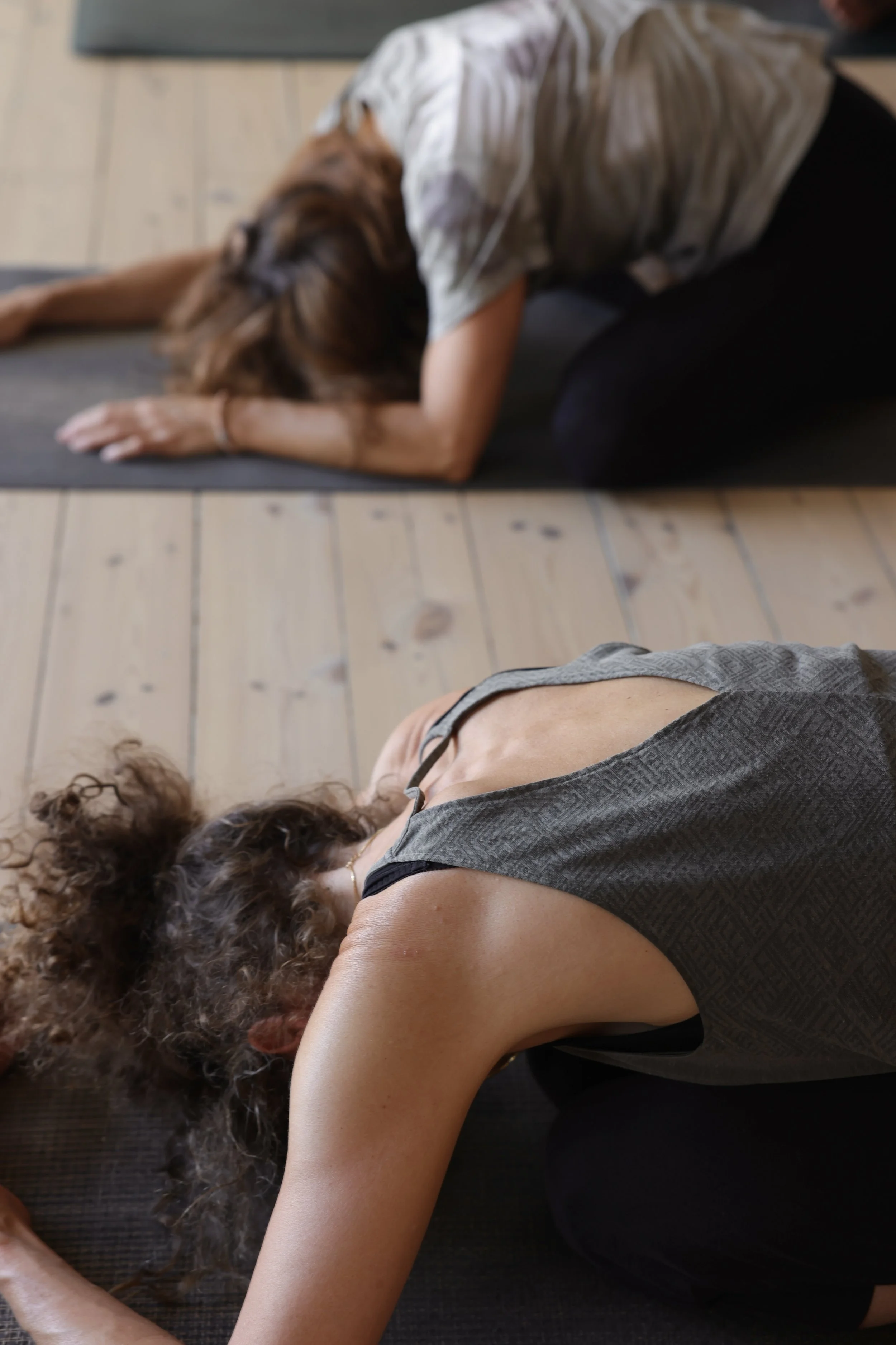 To kvinder ligger i en afslappende yogastilling på gulvet, mens to hunde hviler roligt foran dem.