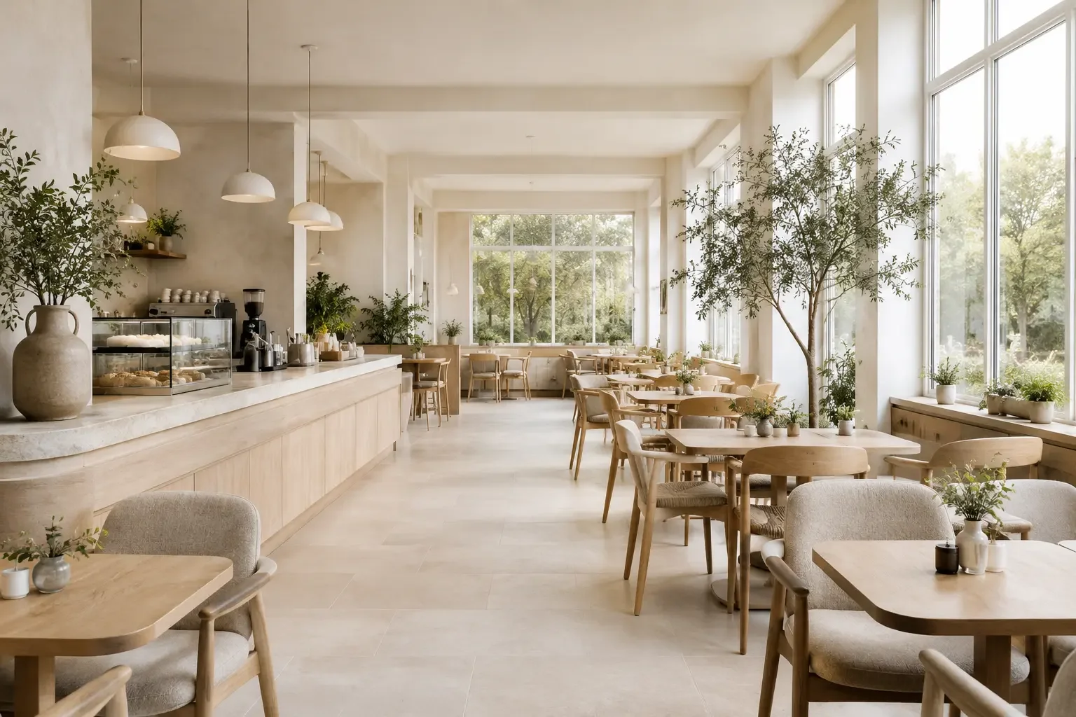 Bright and spacious cafe with wooden tables and chairs, large windows with natural light, and indoor plants.